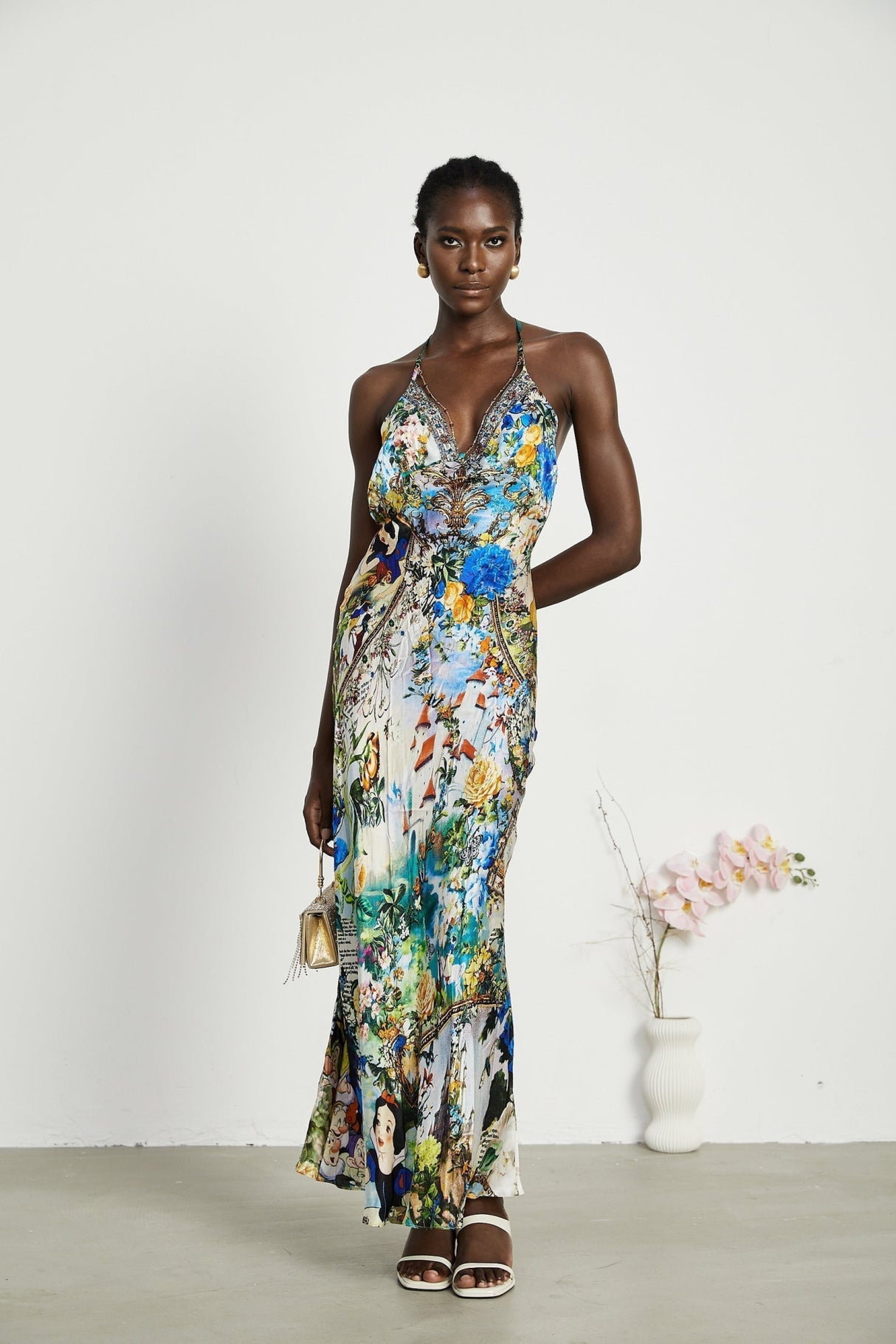 Sabrina Silk Floral Slip Dress with Chain Detail & Bias Cut
