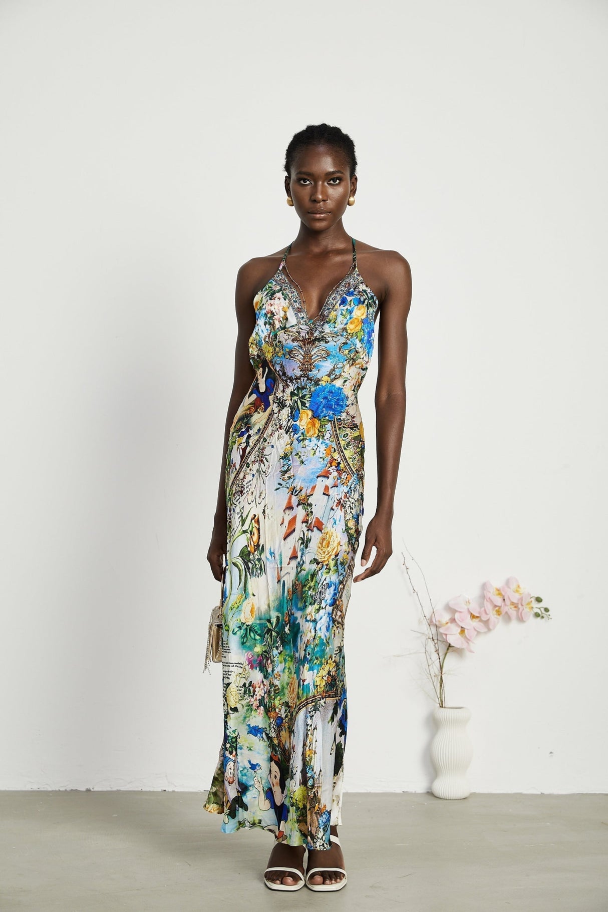 Sabrina Silk Floral Slip Dress with Chain Detail & Bias Cut