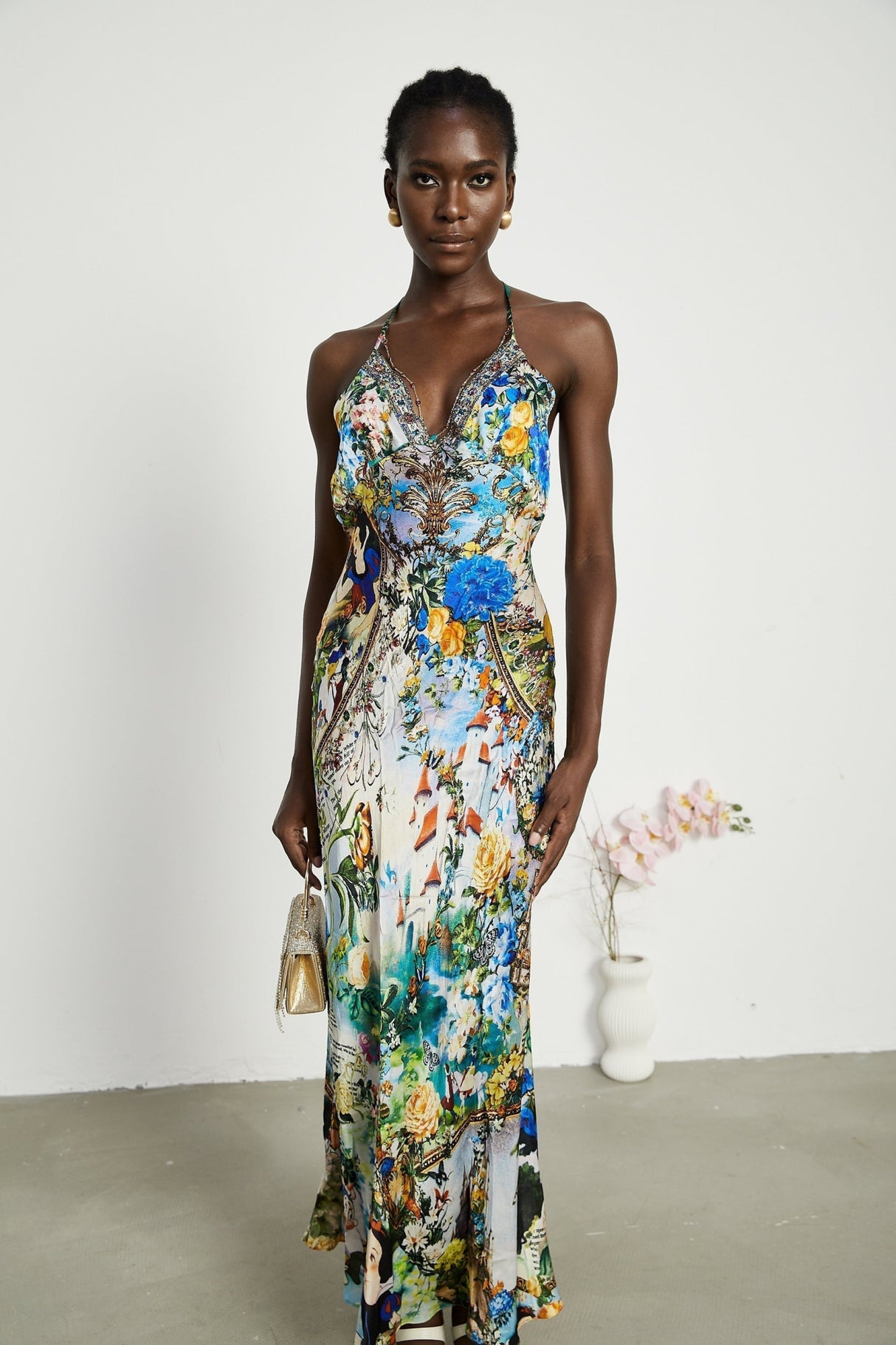 Sabrina Silk Floral Slip Dress with Chain Detail & Bias Cut