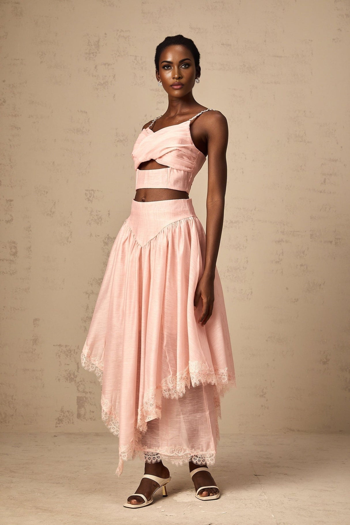 Sabrina Skirt & Top Set Lace Trim Ruffled Crystal Embellished