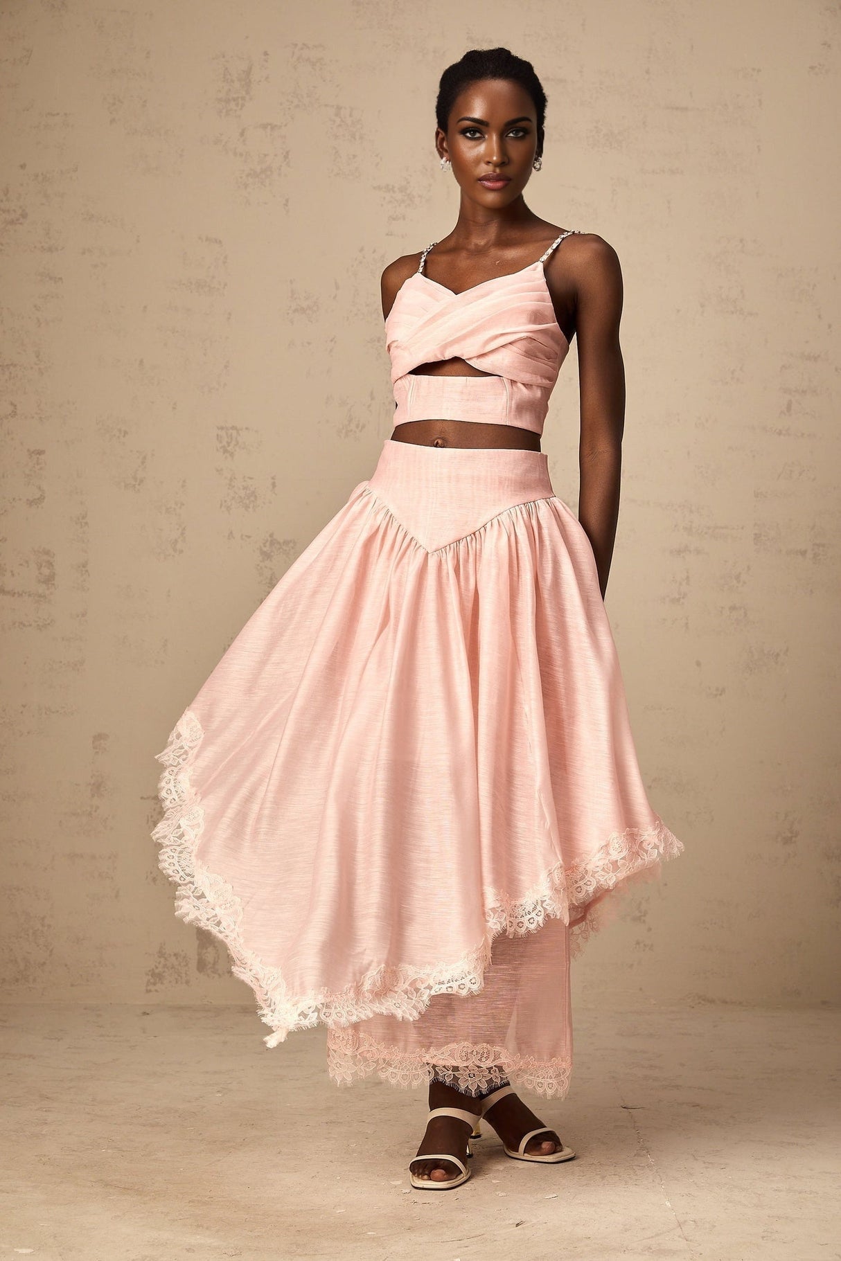 Sabrina Skirt & Top Set Lace Trim Ruffled Crystal Embellished