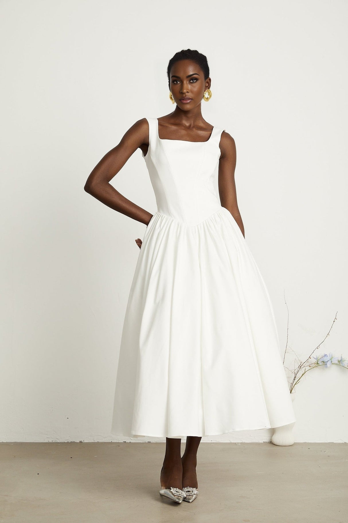 Sadie White Ankle - Length Corset Dress With Square Neckline