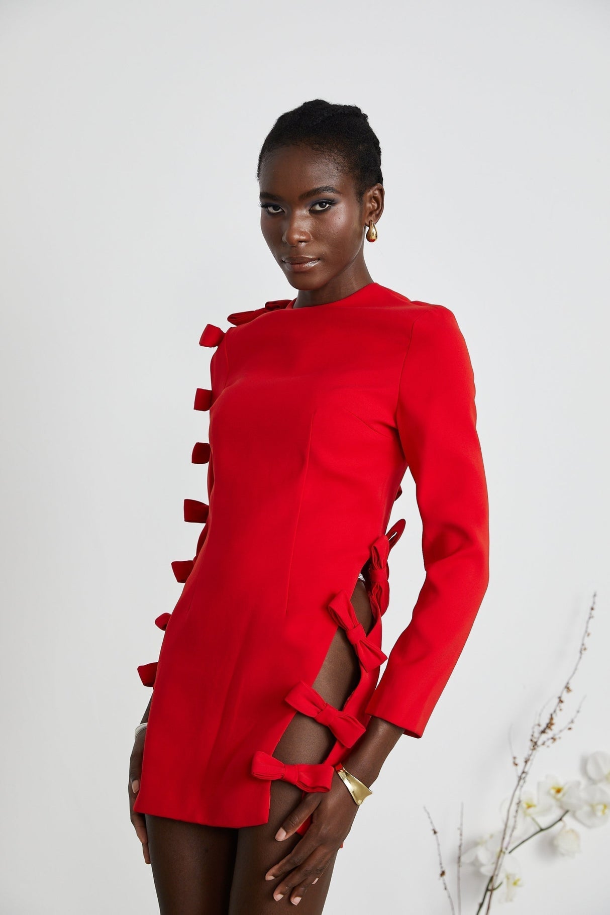 Sage Dress Red Bow Detail Cut - Out Asymmetric Thigh - Length