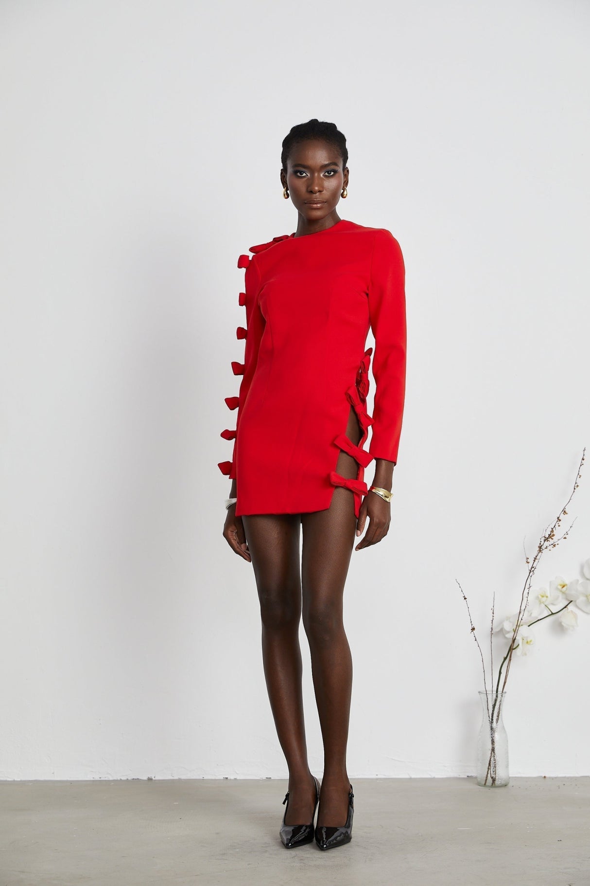 Sage Dress Red Bow Detail Cut - Out Asymmetric Thigh - Length