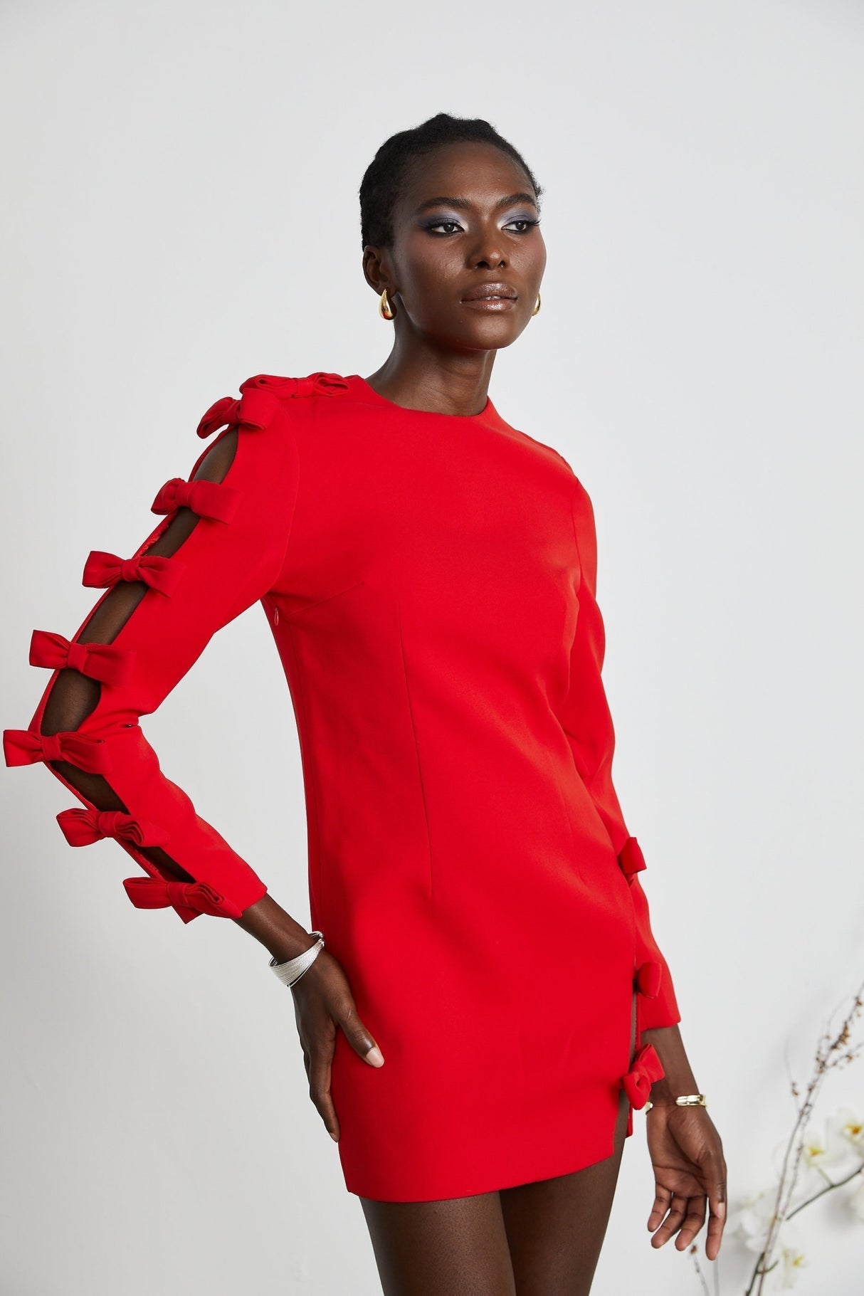 Sage Dress Red Bow Detail Cut - Out Asymmetric Thigh - Length