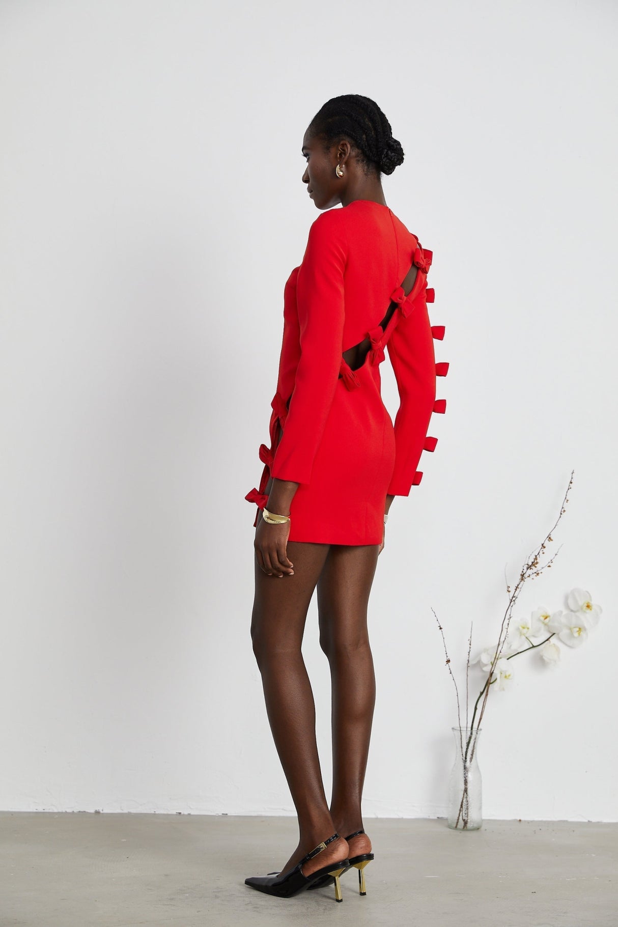 Sage Dress Red Bow Detail Cut - Out Asymmetric Thigh - Length