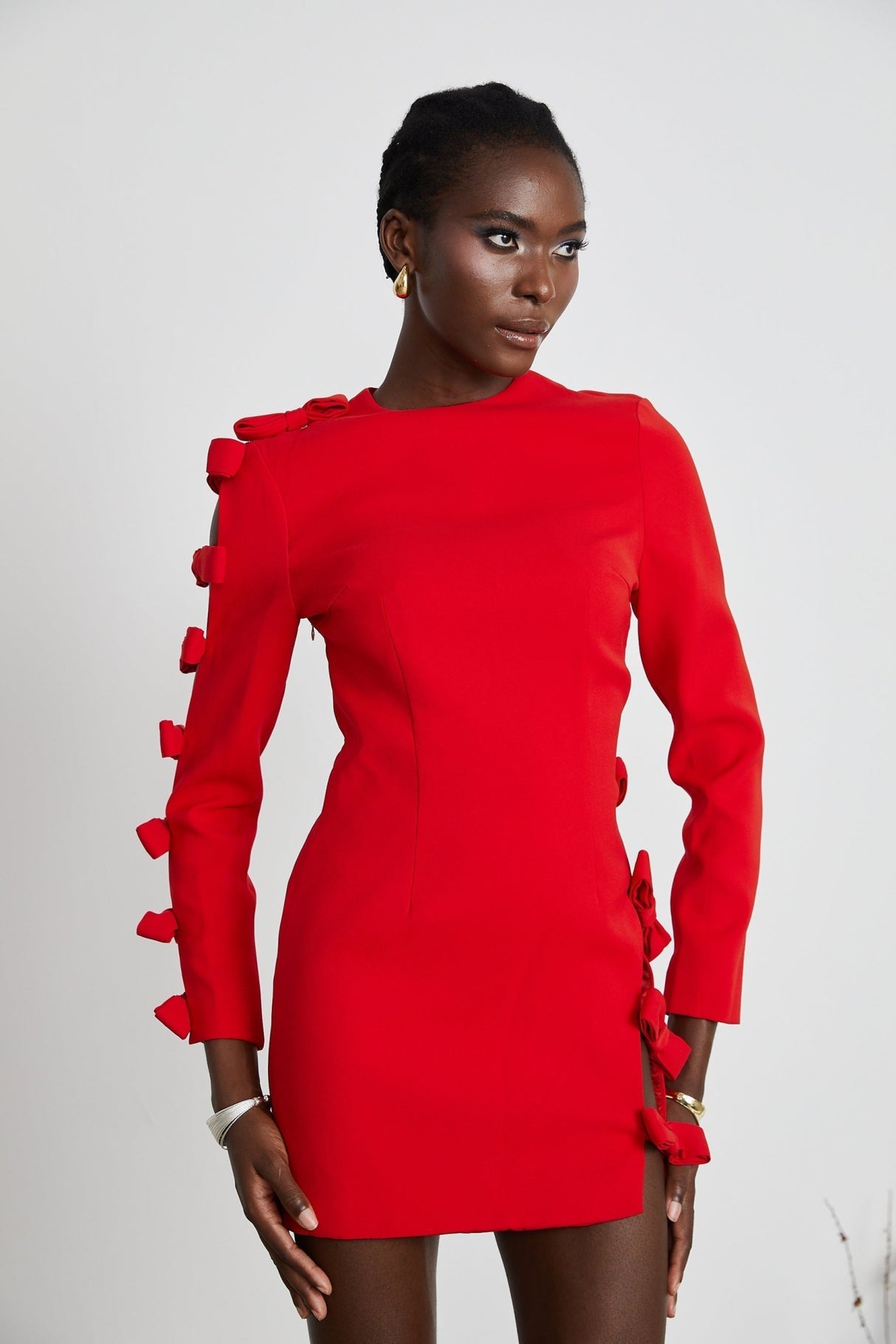 Sage Dress Red Bow Detail Cut - Out Asymmetric Thigh - Length