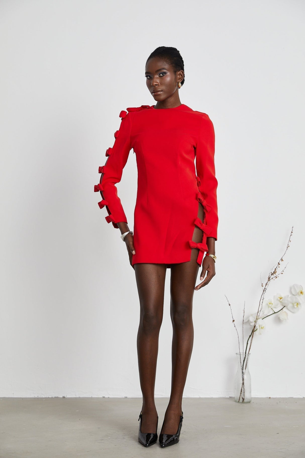 Sage Dress Red Bow Detail Cut - Out Asymmetric Thigh - Length