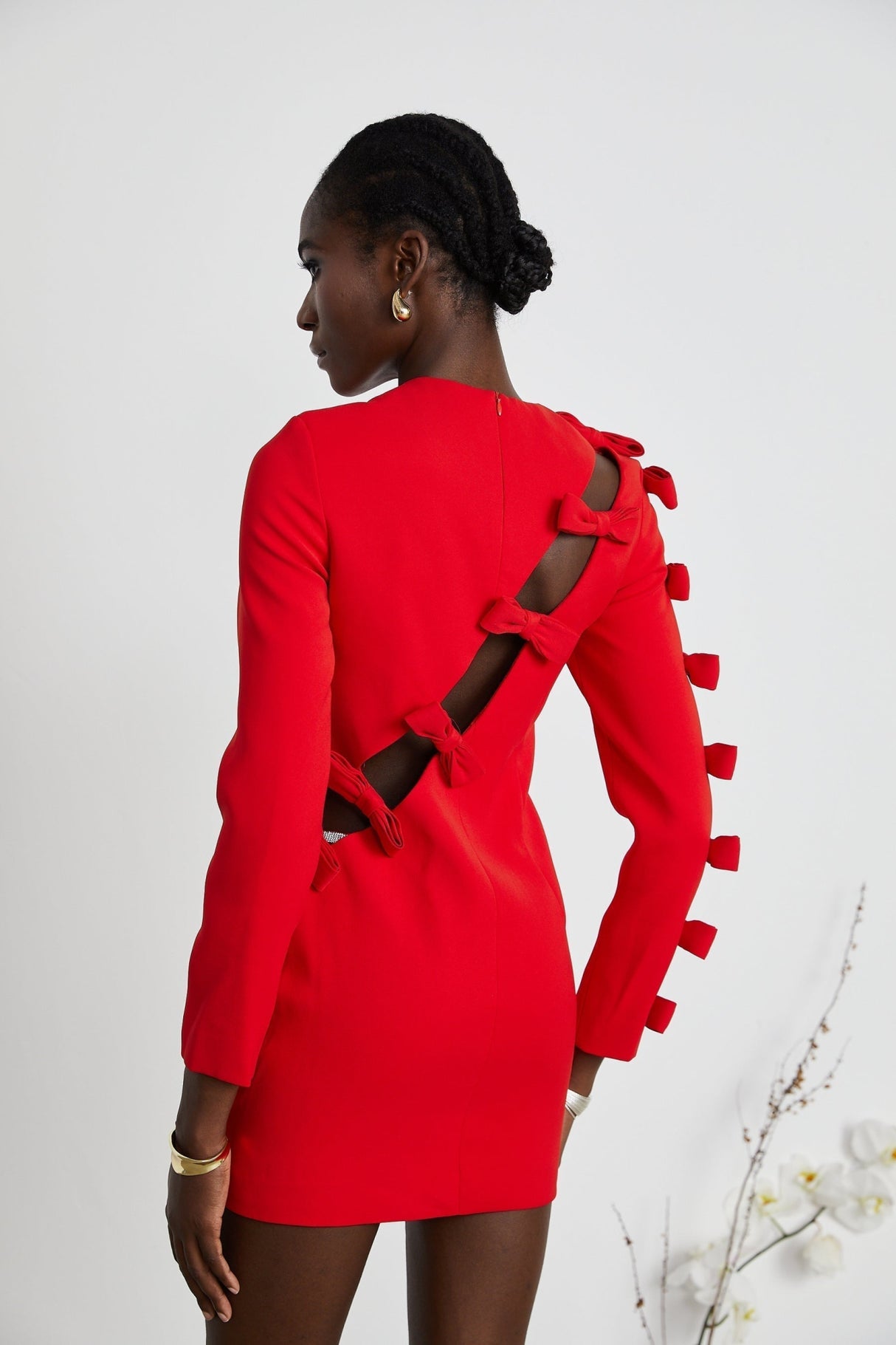 Sage Dress Red Bow Detail Cut - Out Asymmetric Thigh - Length