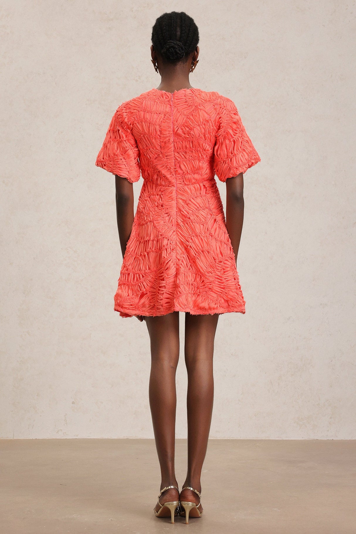 Samantha Coral Textured V-Neck Puff Sleeve Mini Dress