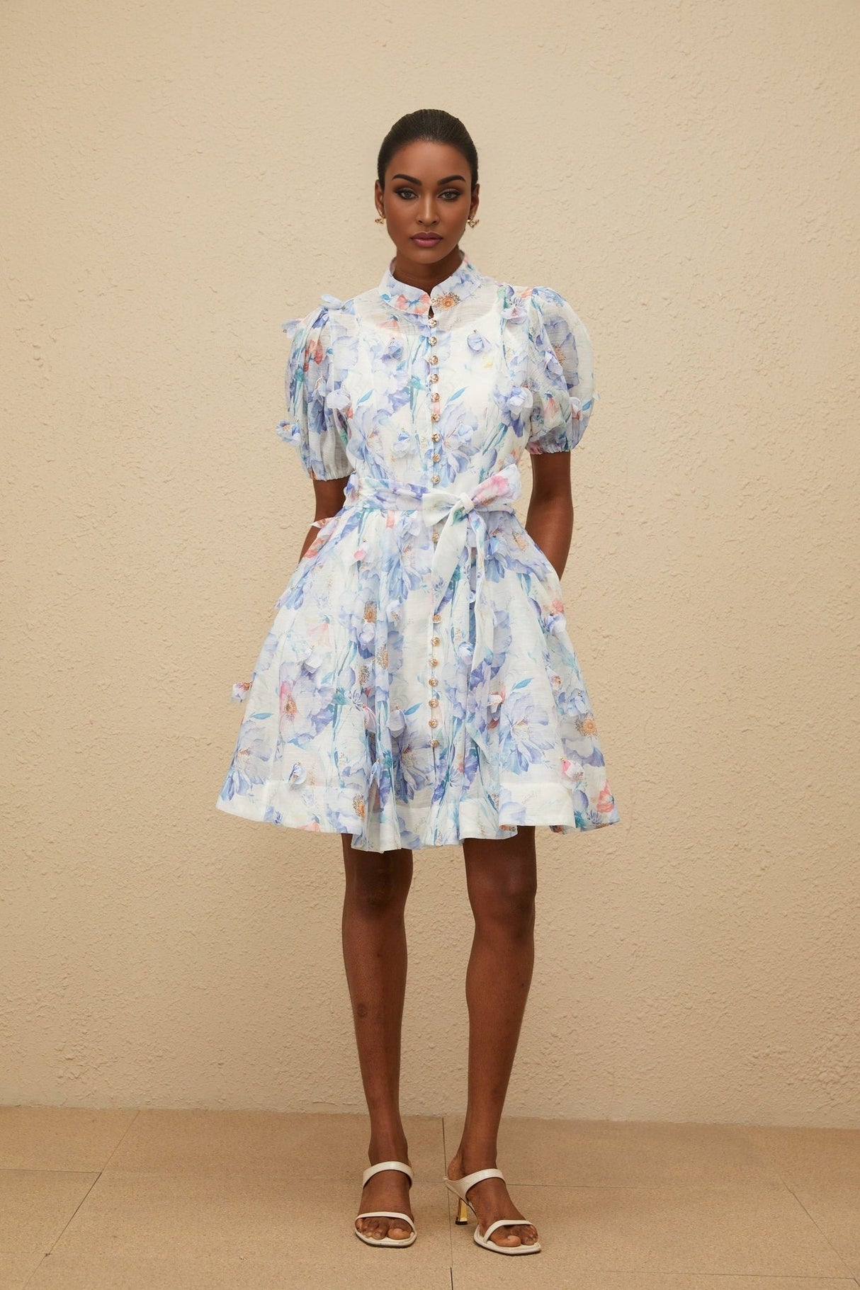 Samantha Floral Mini Dress - Puff Sleeves - Tied Waist - 3D Petal Detailing - Decorative Buttons