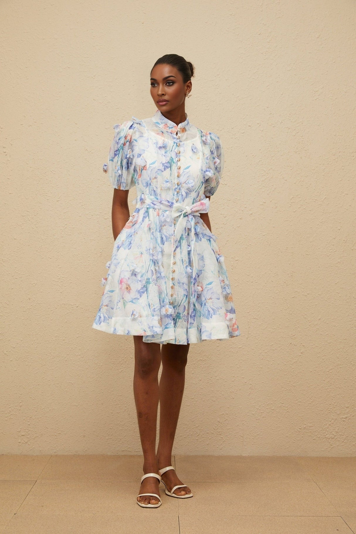Samantha Floral Mini Dress - Puff Sleeves - Tied Waist - 3D Petal Detailing - Decorative Buttons