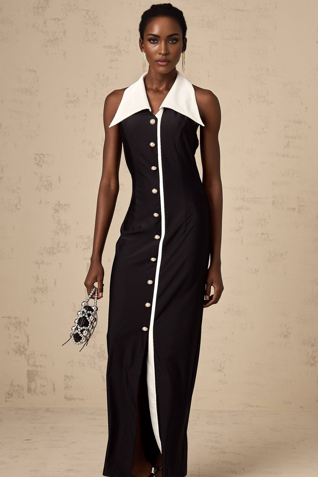 Samantha Maxi Dress Black Open - Back Faux - Pearl Detail