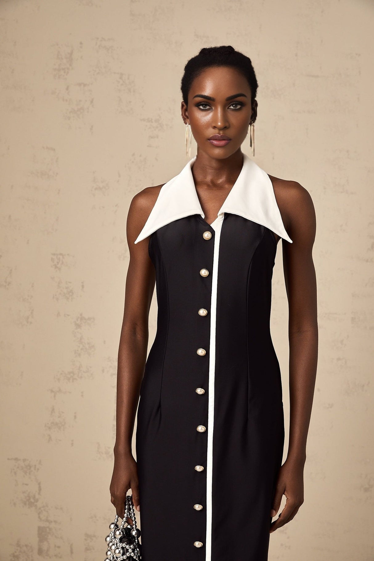 Samantha Maxi Dress Black Open - Back Faux - Pearl Detail