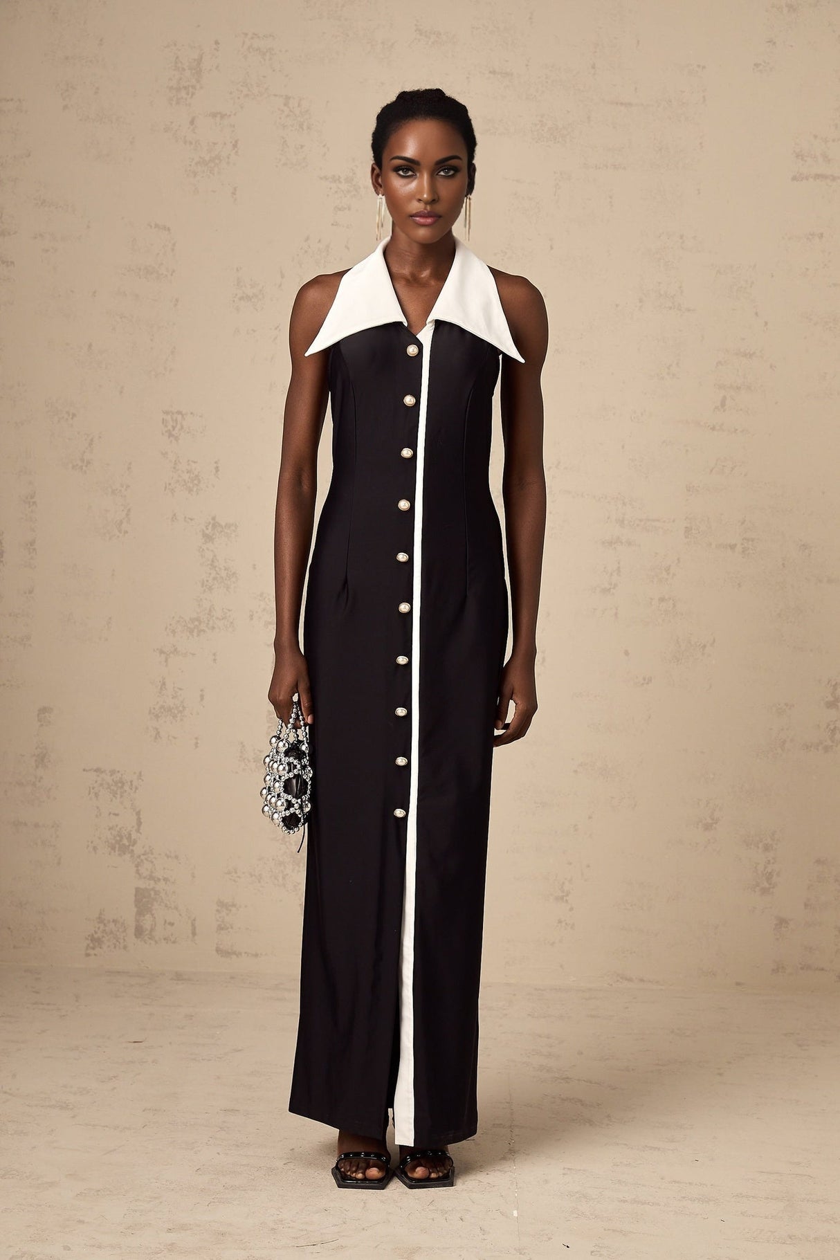 Samantha Maxi Dress Black Open - Back Faux - Pearl Detail