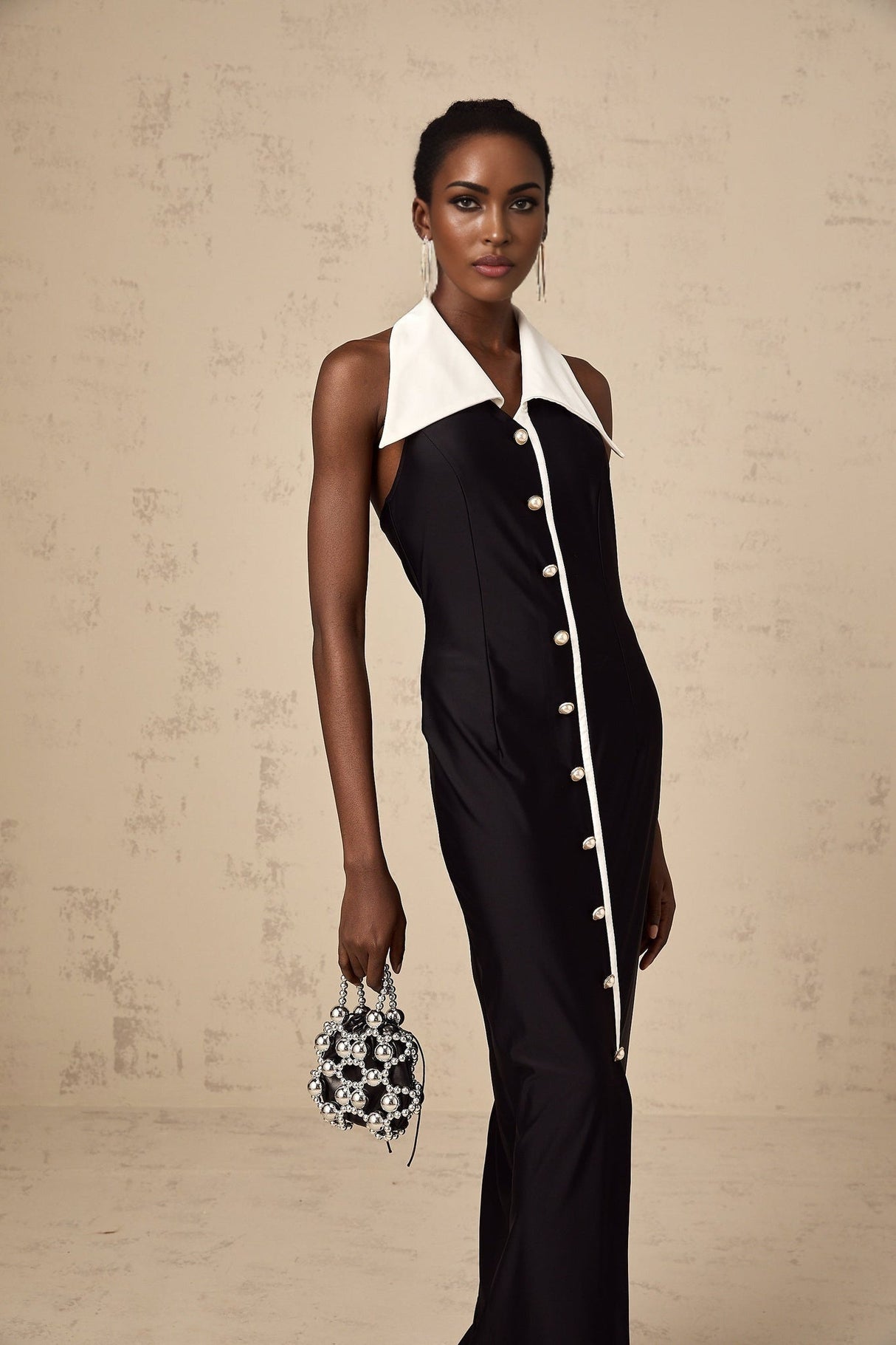 Samantha Maxi Dress Black Open - Back Faux - Pearl Detail