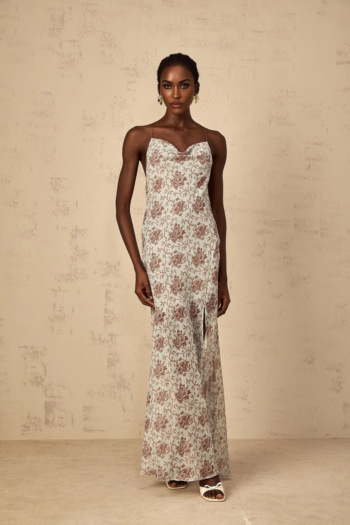 Samantha Maxi Dress Blue Brown Floral Mesh Sleeveless Open Back High Slit