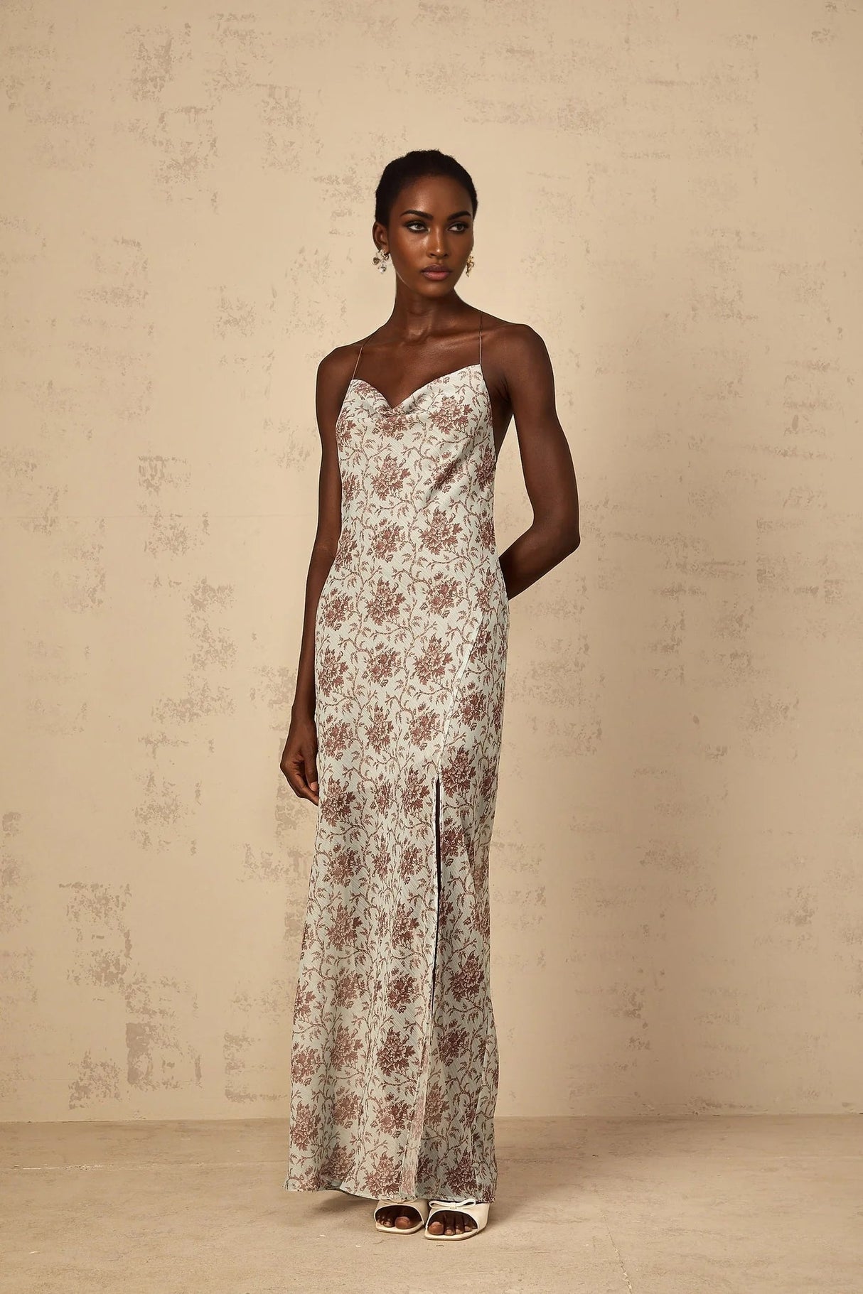 Samantha Maxi Dress Blue Brown Floral Mesh Sleeveless Open Back High Slit