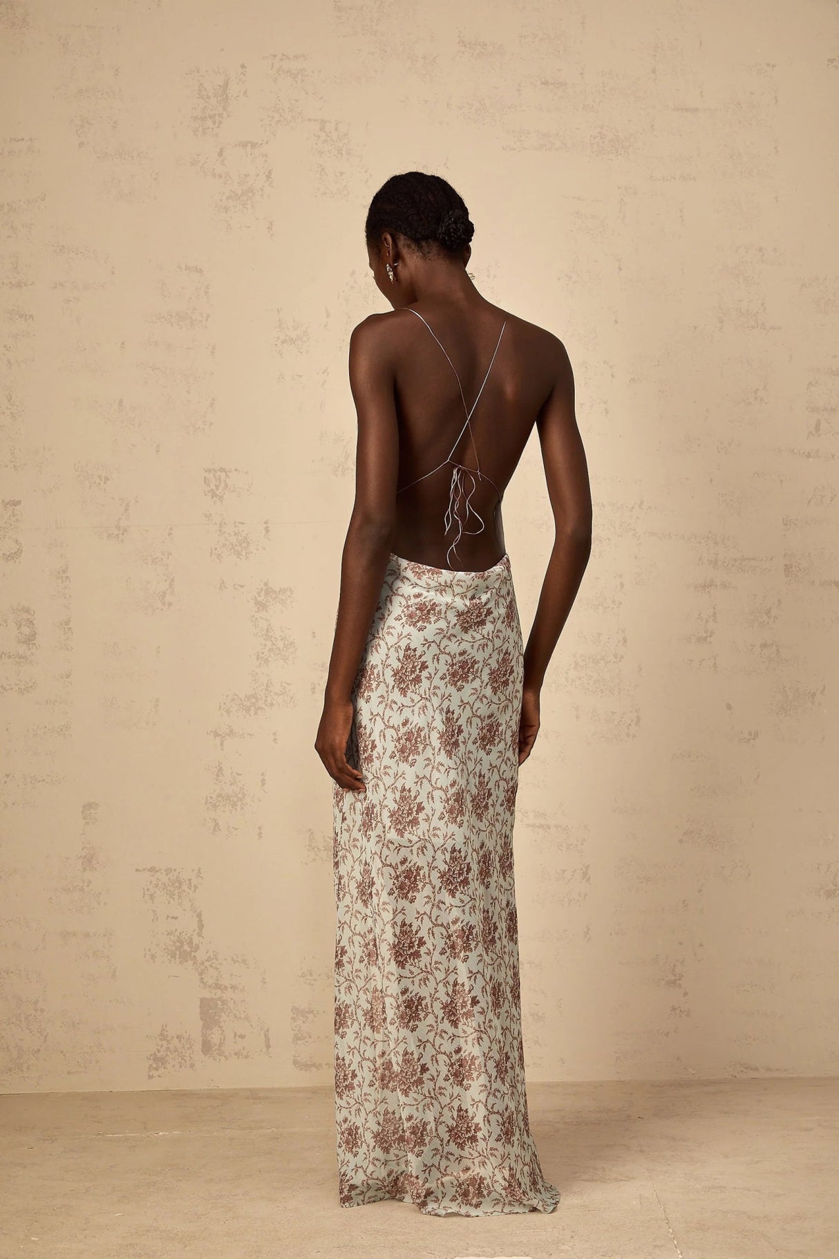 Samantha Maxi Dress Blue Brown Floral Mesh Sleeveless Open Back High Slit