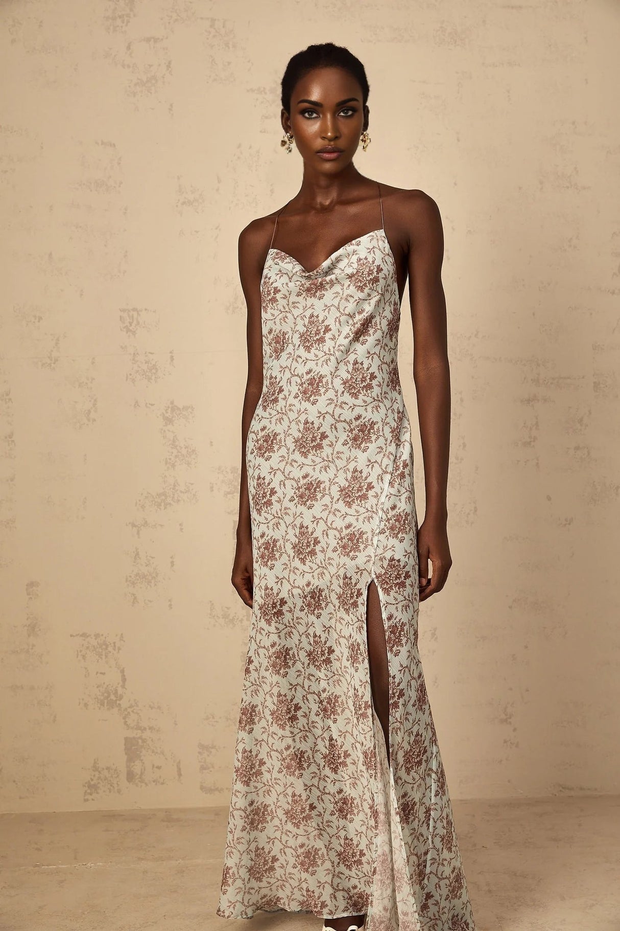 Samantha Maxi Dress Blue Brown Floral Mesh Sleeveless Open Back High Slit