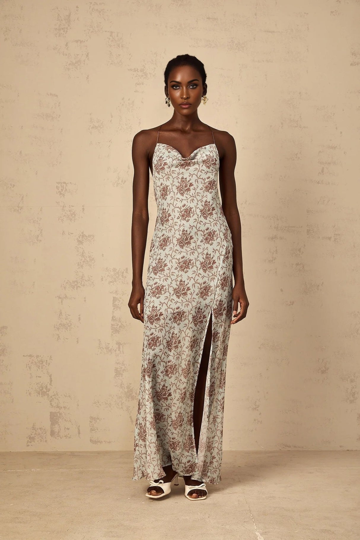 Samantha Maxi Dress Blue Brown Floral Mesh Sleeveless Open Back High Slit