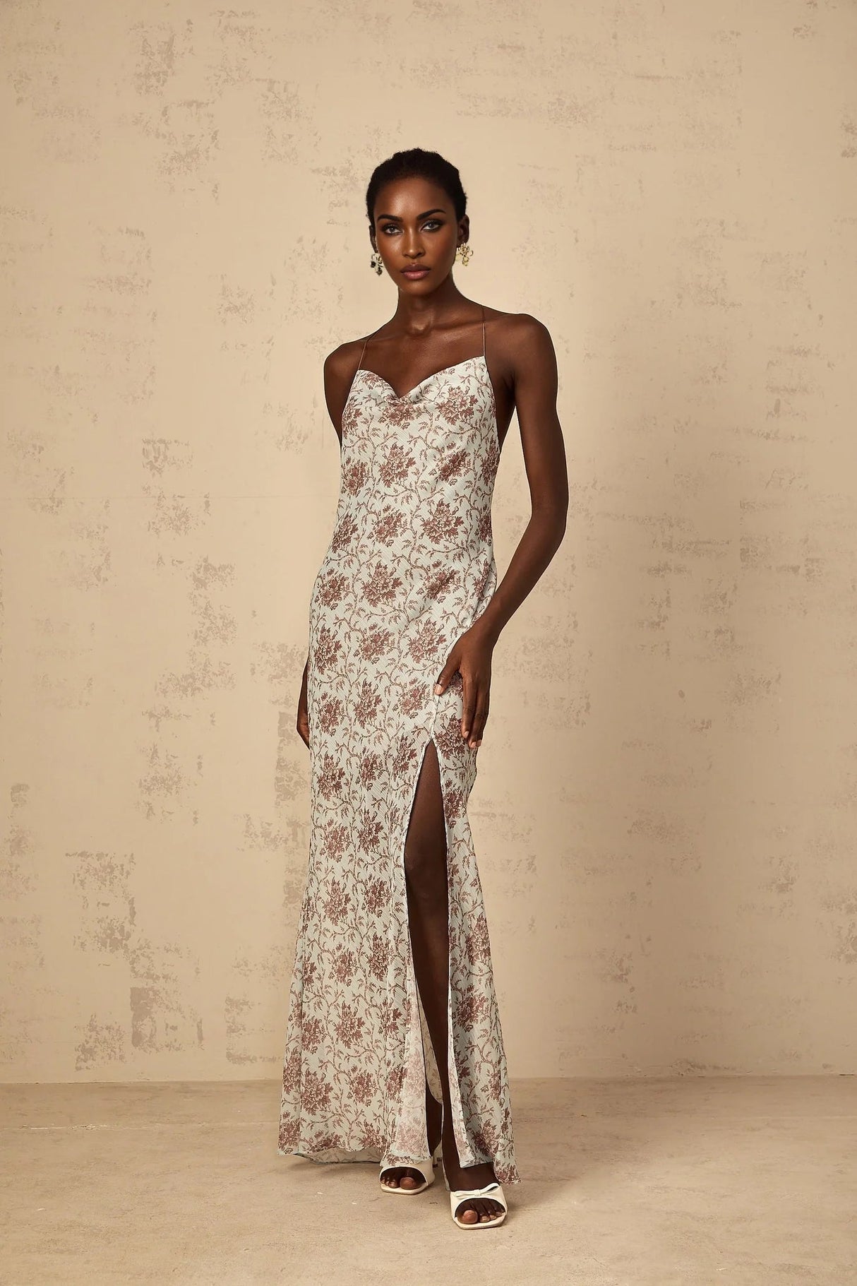 Samantha Maxi Dress Blue Brown Floral Mesh Sleeveless Open Back High Slit