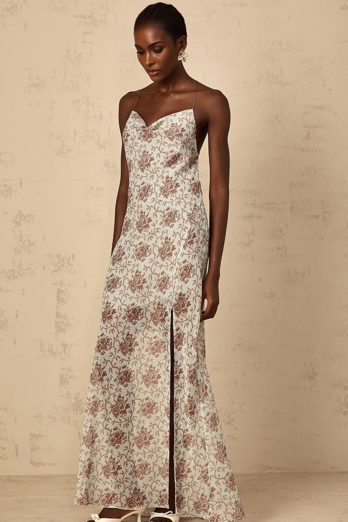 Samantha Maxi Dress Blue Brown Floral Mesh Sleeveless Open Back High Slit