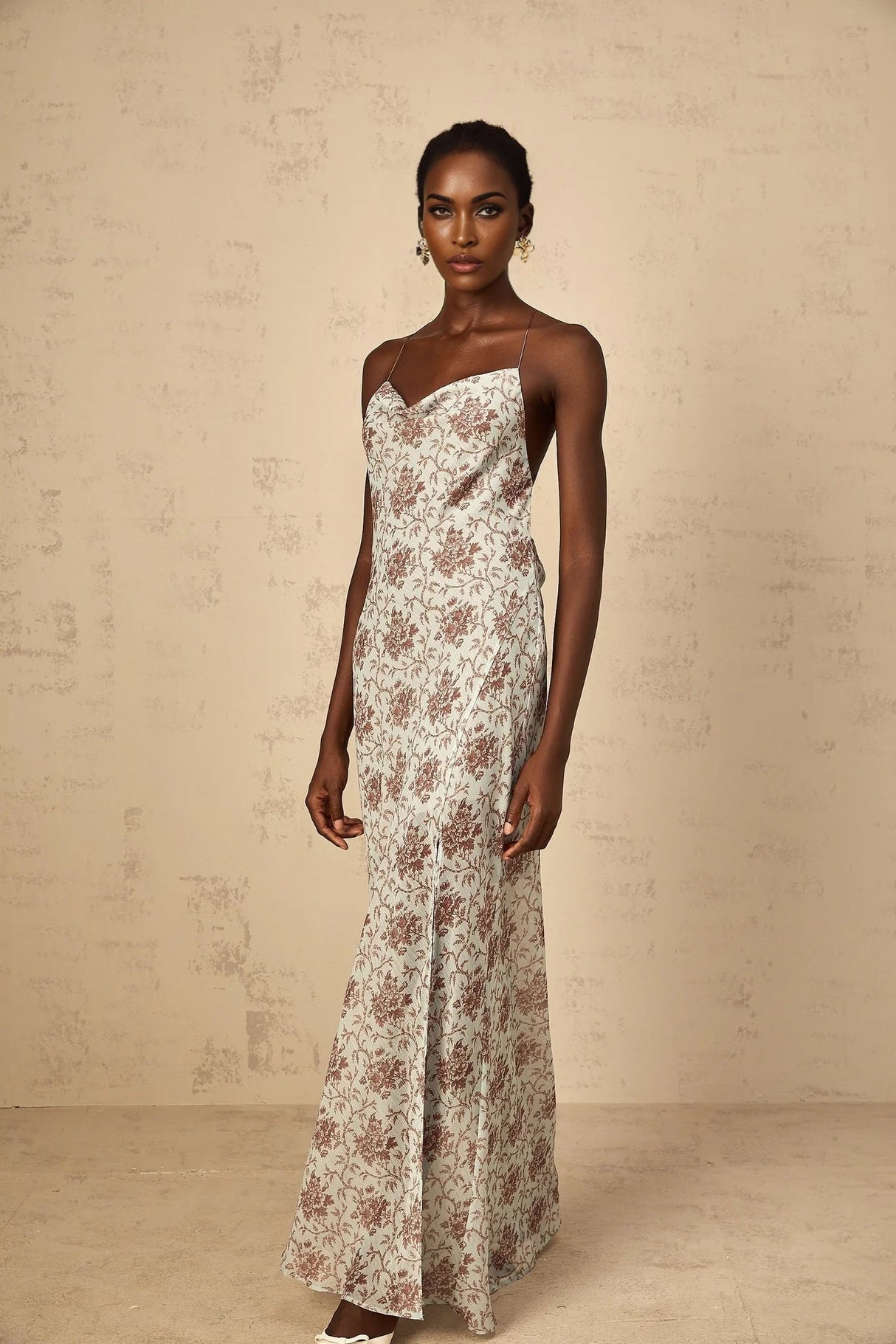 Samantha Maxi Dress Blue Brown Floral Mesh Sleeveless Open Back High Slit