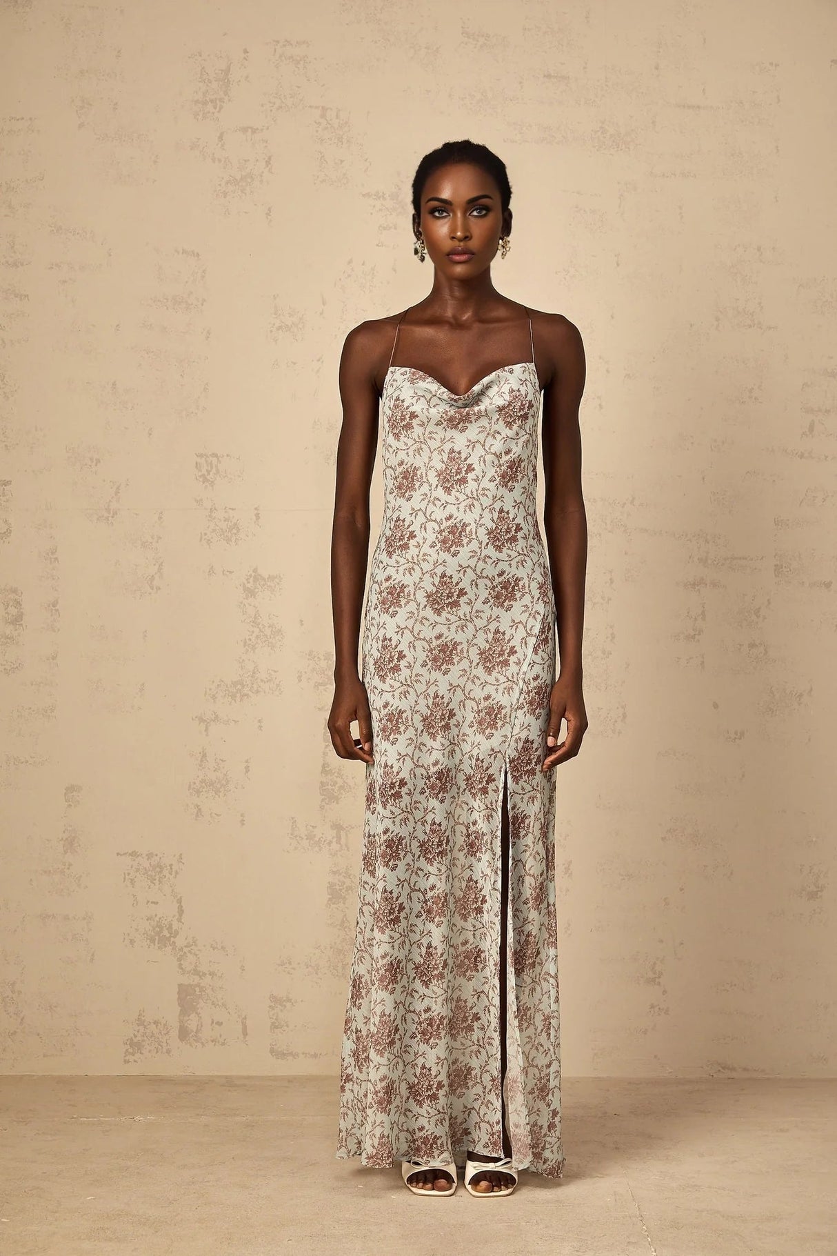 Samantha Maxi Dress Blue Brown Floral Mesh Sleeveless Open Back High Slit