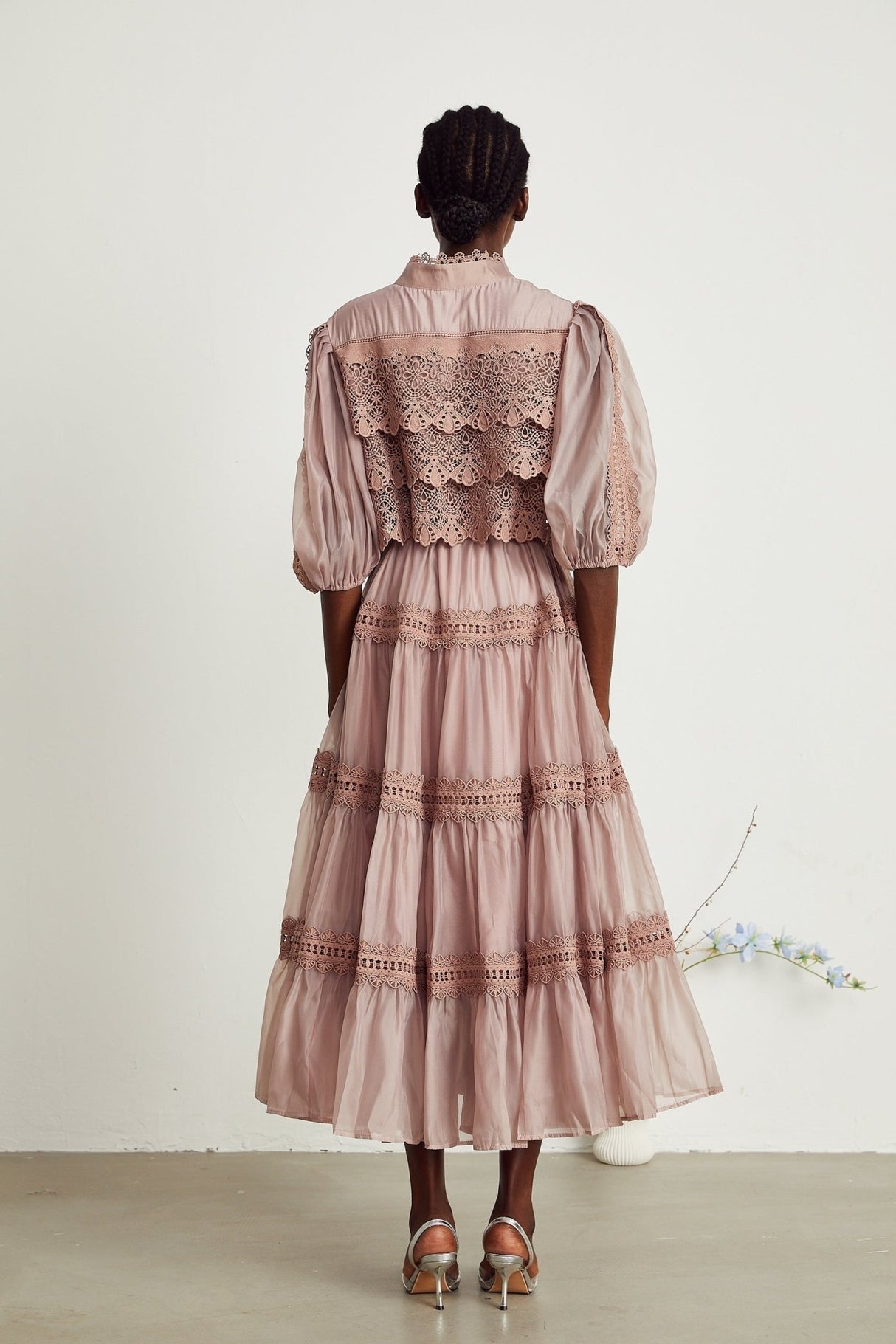 Samantha Midi Dress Pink Lace Cutout Puff Sleeve Belted Tiered Skirt Button Fastening