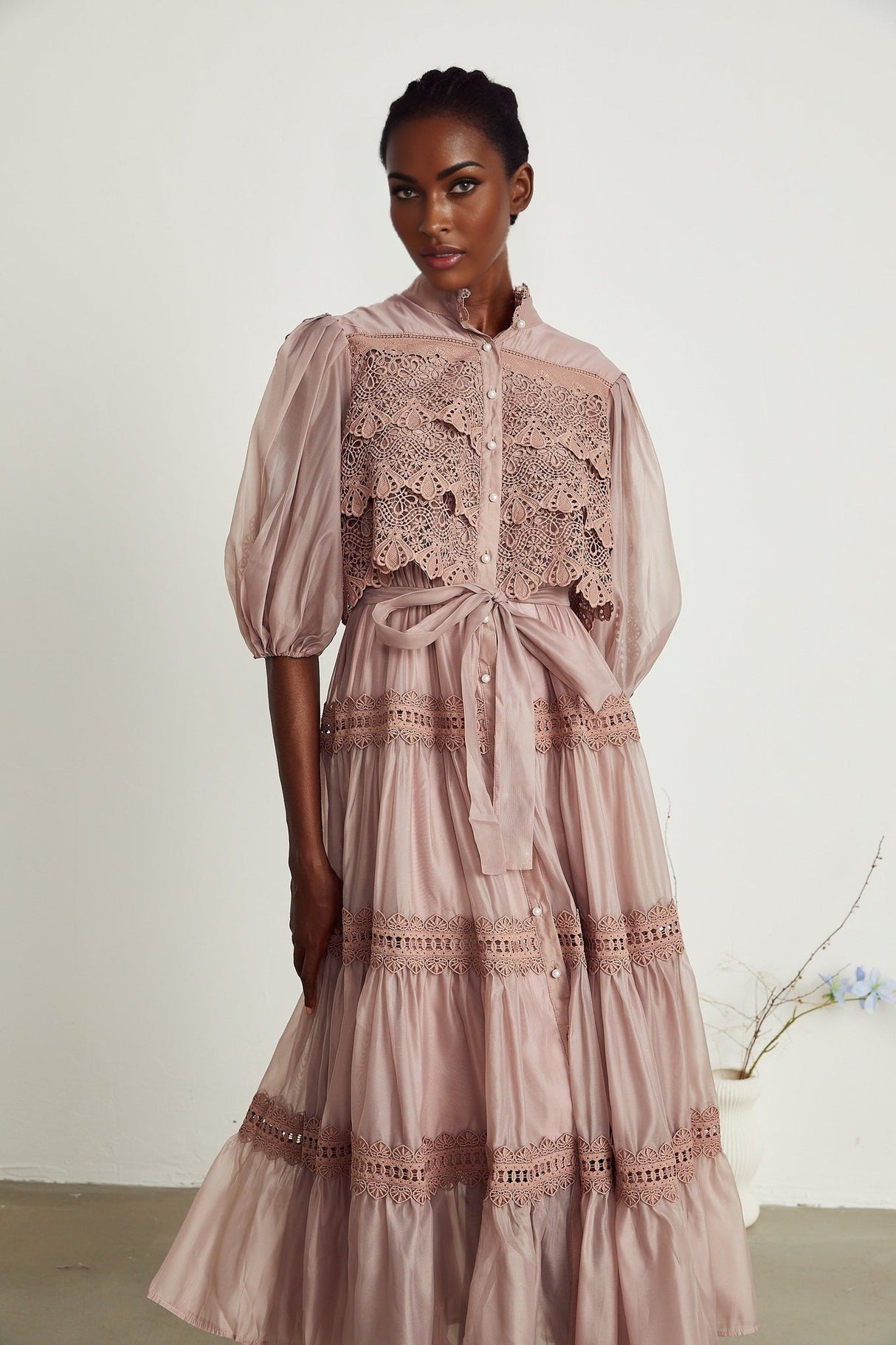 Samantha Midi Dress Pink Lace Cutout Puff Sleeve Belted Tiered Skirt Button Fastening
