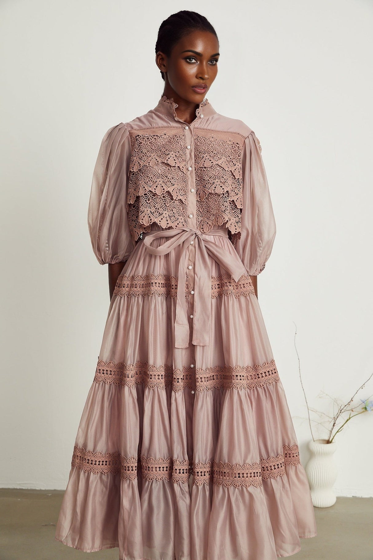 Samantha Midi Dress Pink Lace Cutout Puff Sleeve Belted Tiered Skirt Button Fastening