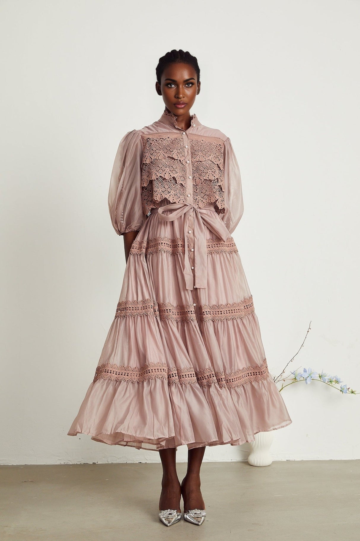 Samantha Midi Dress Pink Lace Cutout Puff Sleeve Belted Tiered Skirt Button Fastening