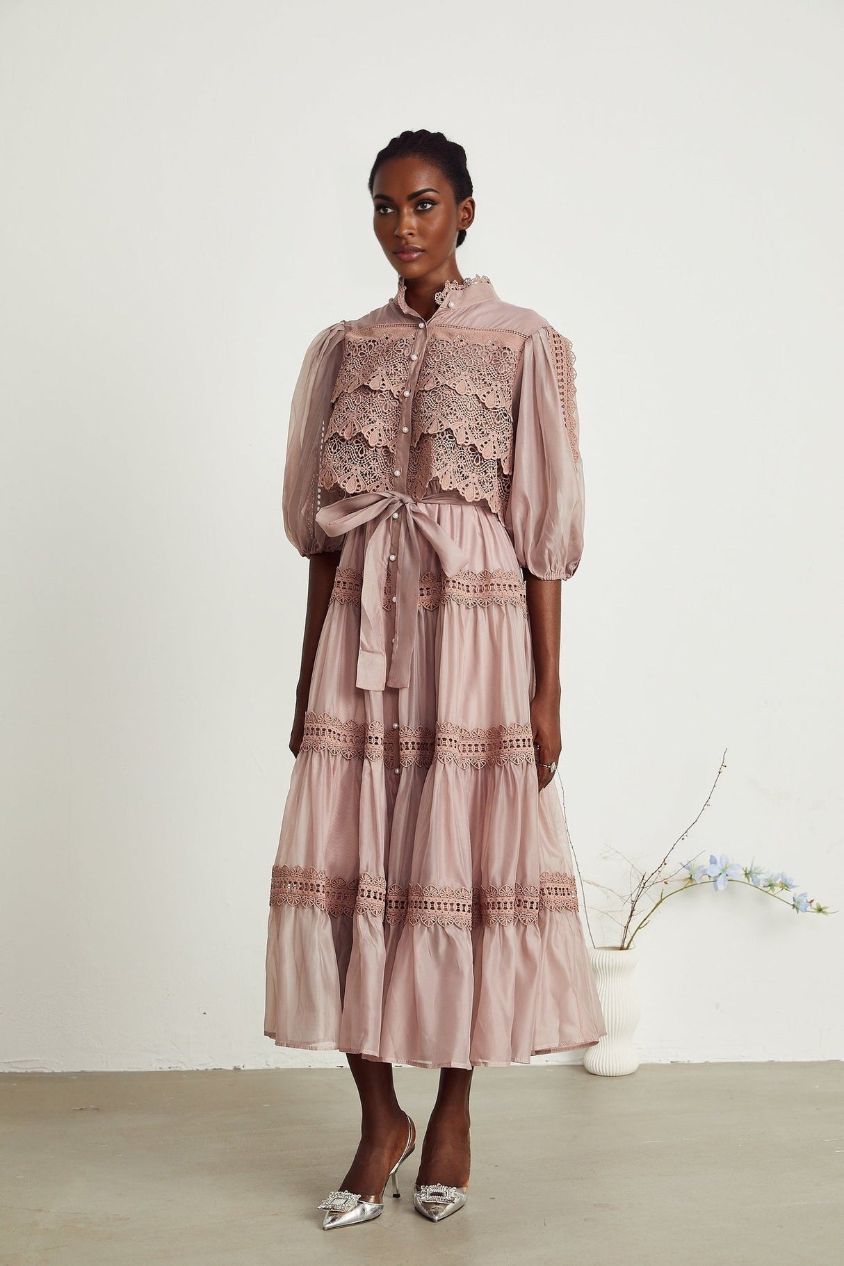 Samantha Midi Dress Pink Lace Cutout Puff Sleeve Belted Tiered Skirt Button Fastening