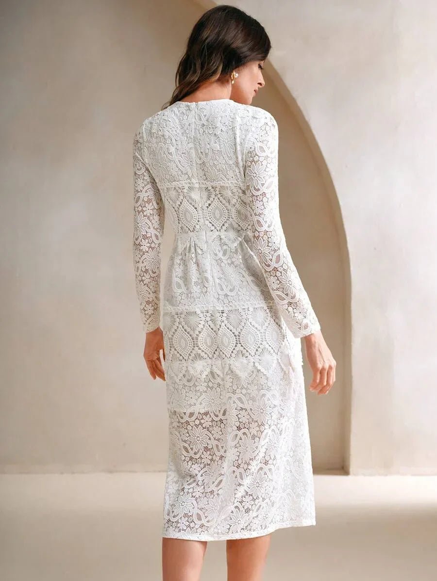 Samantha Midi Dress - Round Neck - Wedding - Flared Hem - High Waist - Elegant Style