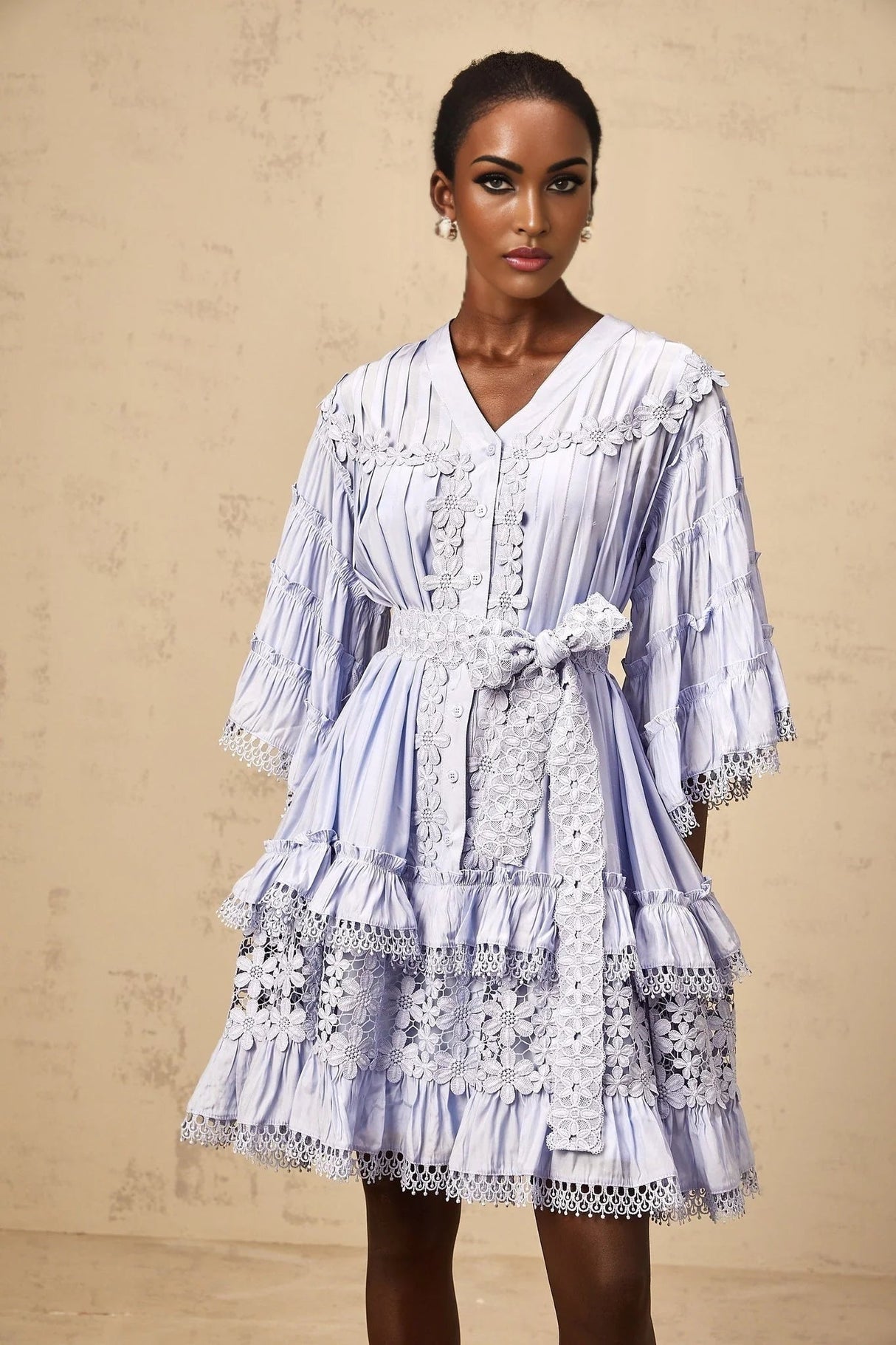 Samantha Mini Dress Light Blue Floral Tiered Embroidery