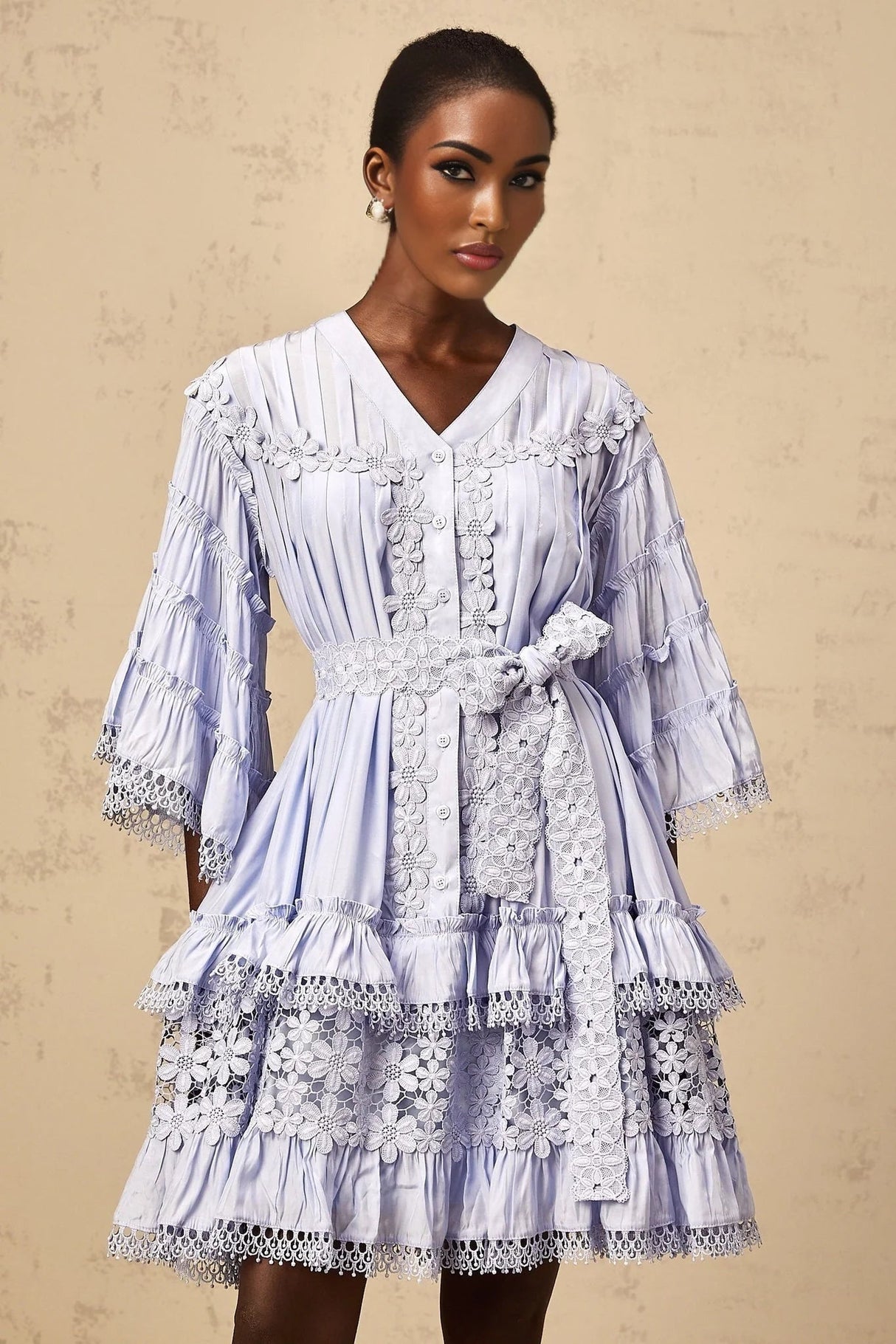 Samantha Mini Dress Light Blue Floral Tiered Embroidery