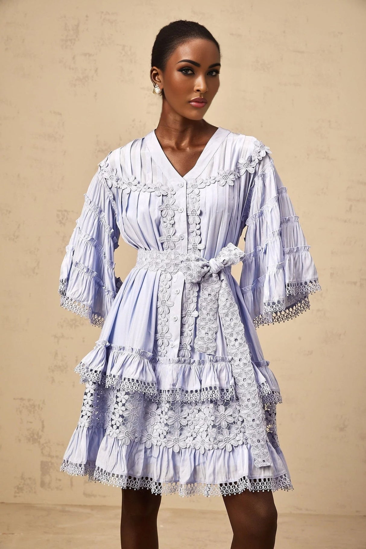 Samantha Mini Dress Light Blue Floral Tiered Embroidery