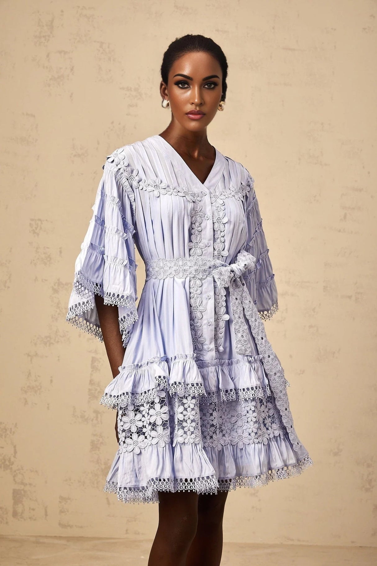 Samantha Mini Dress Light Blue Floral Tiered Embroidery