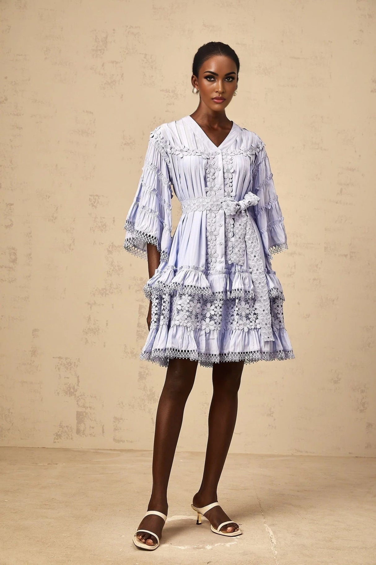 Samantha Mini Dress Light Blue Floral Tiered Embroidery