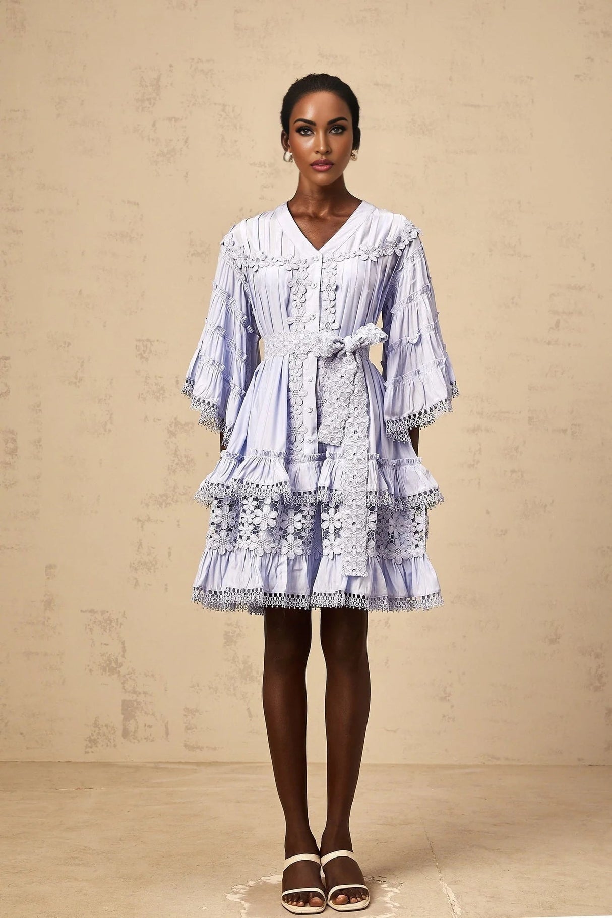 Samantha Mini Dress Light Blue Floral Tiered Embroidery