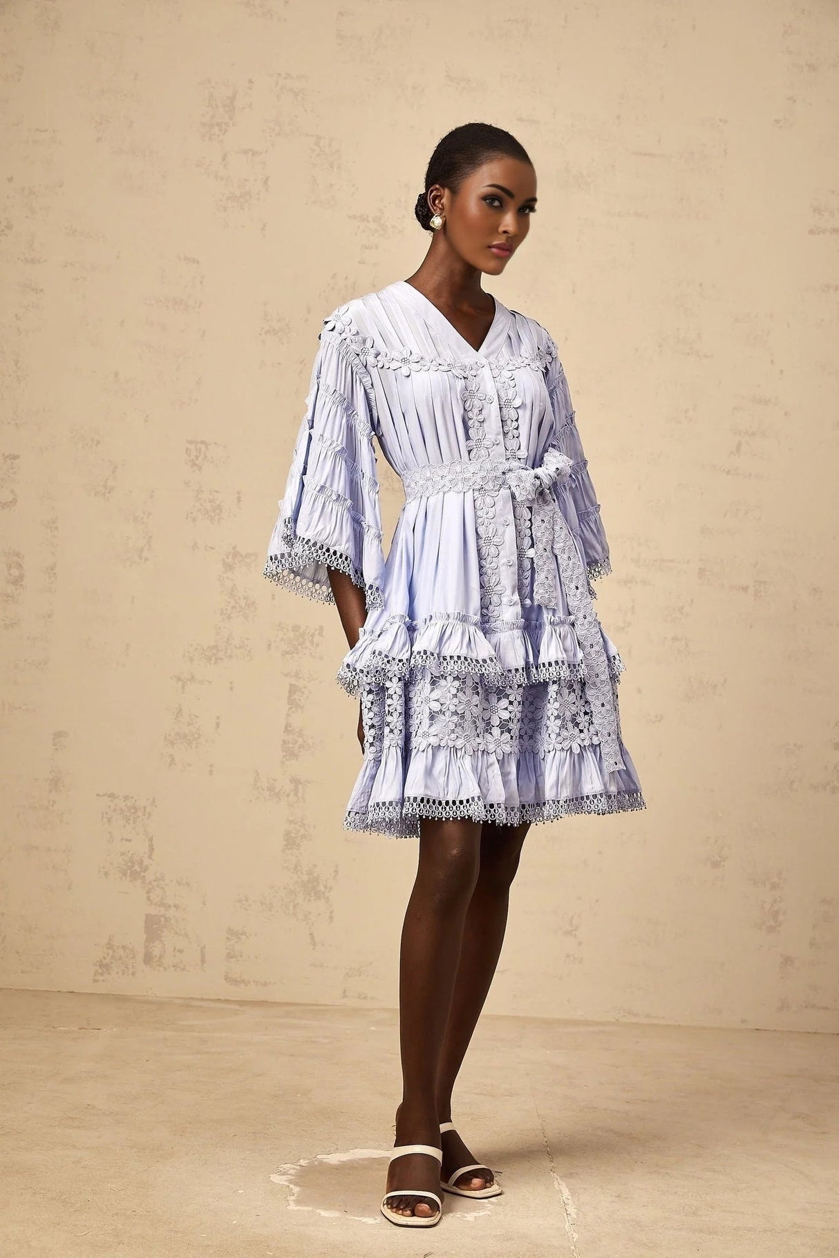 Samantha Mini Dress Light Blue Floral Tiered Embroidery