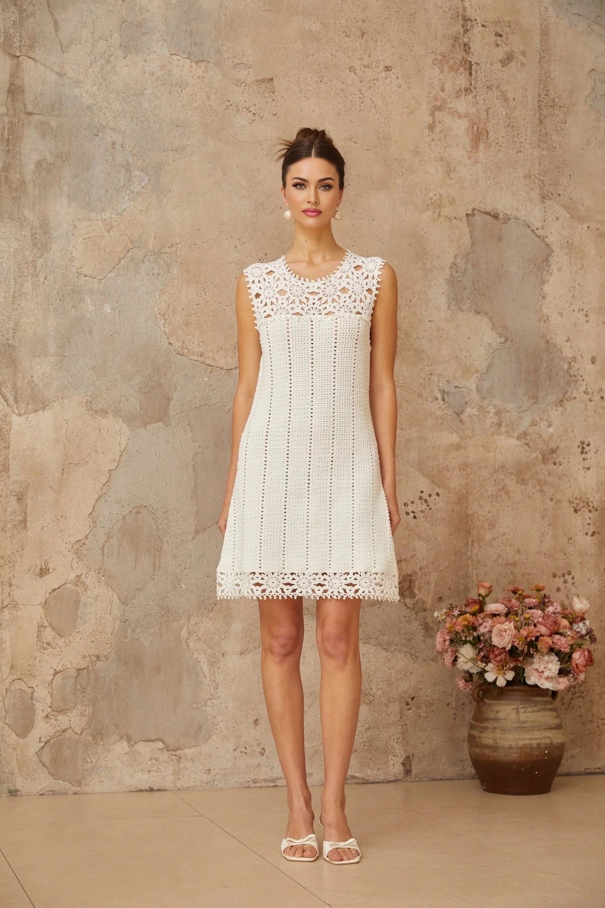 Samantha Mini Dress White Crochet Floral Appliqu Thigh - Length