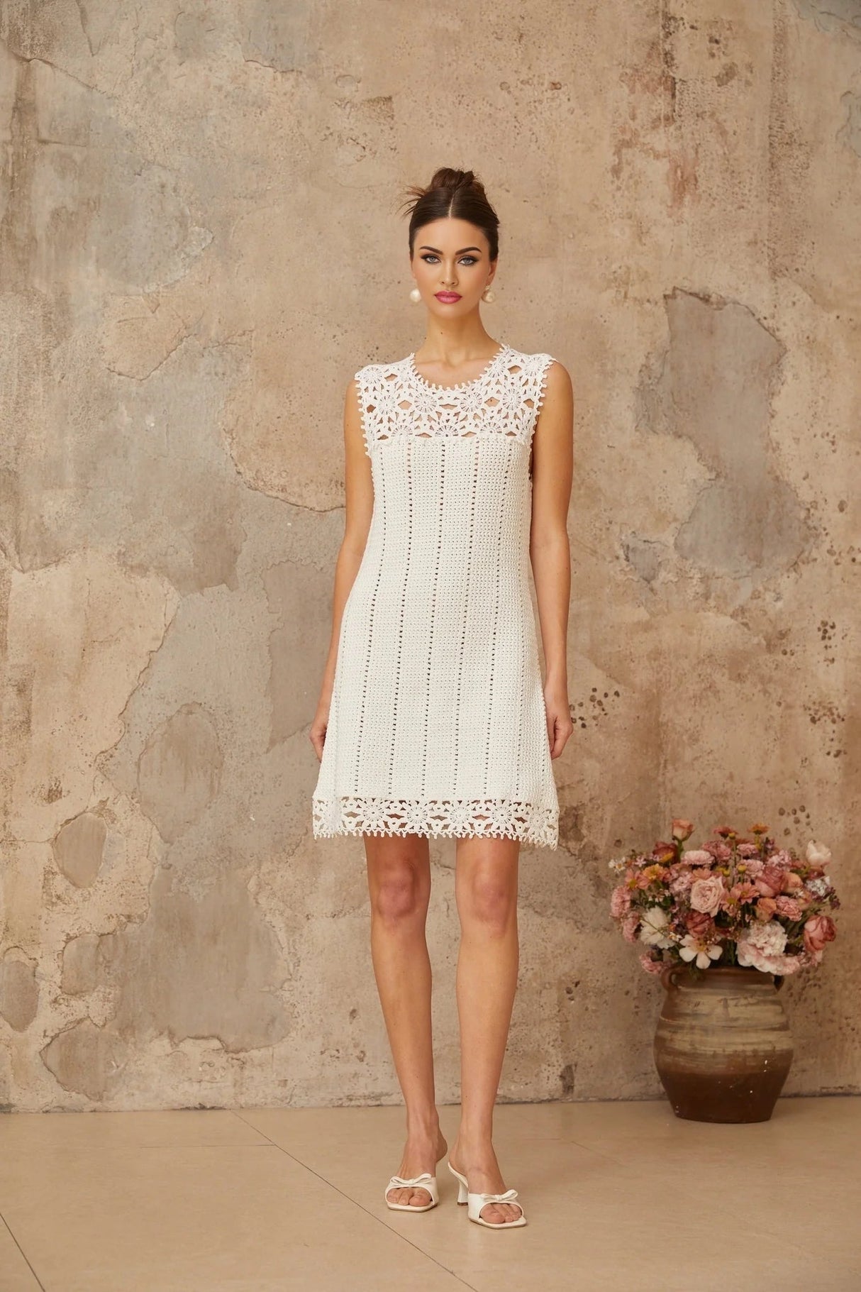Samantha Mini Dress White Crochet Floral Appliqu Thigh - Length