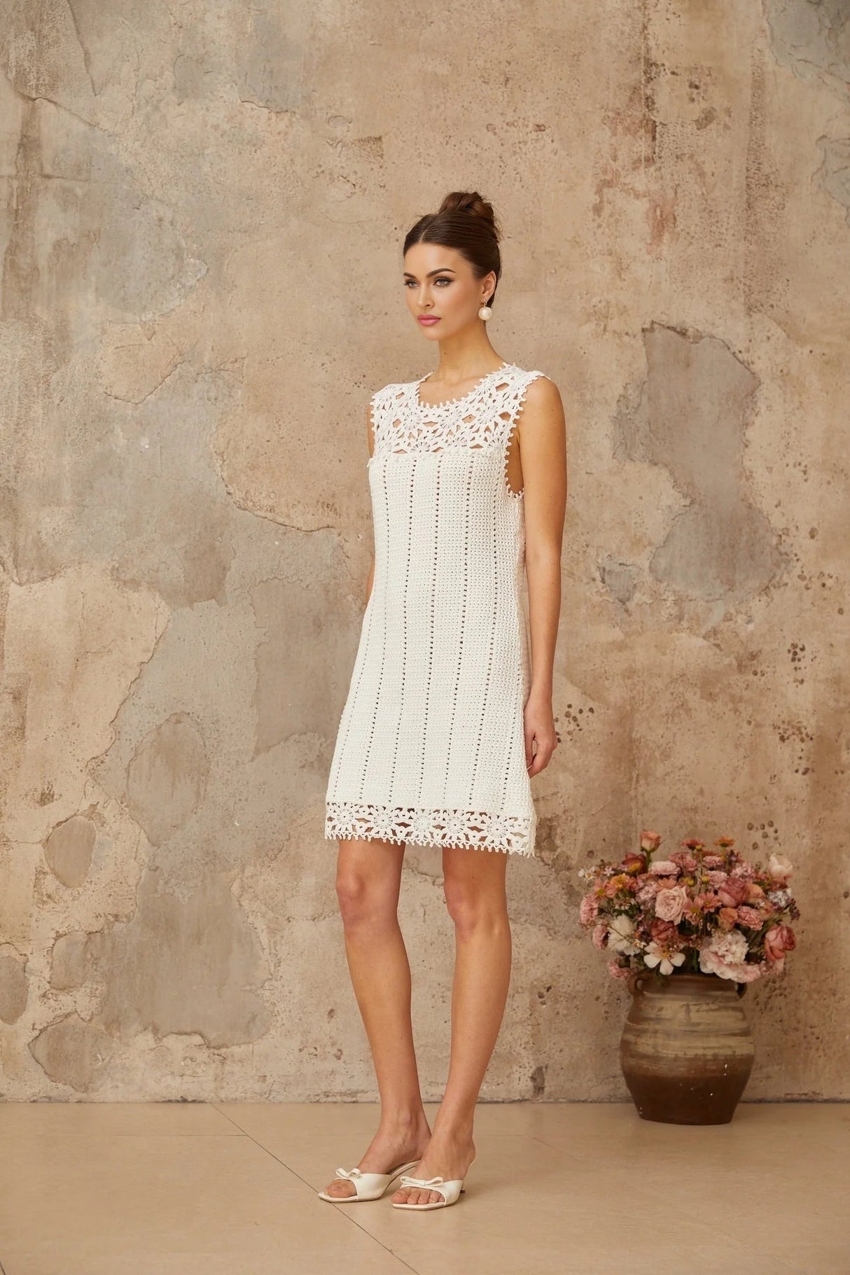 Samantha Mini Dress White Crochet Floral Appliqu Thigh - Length
