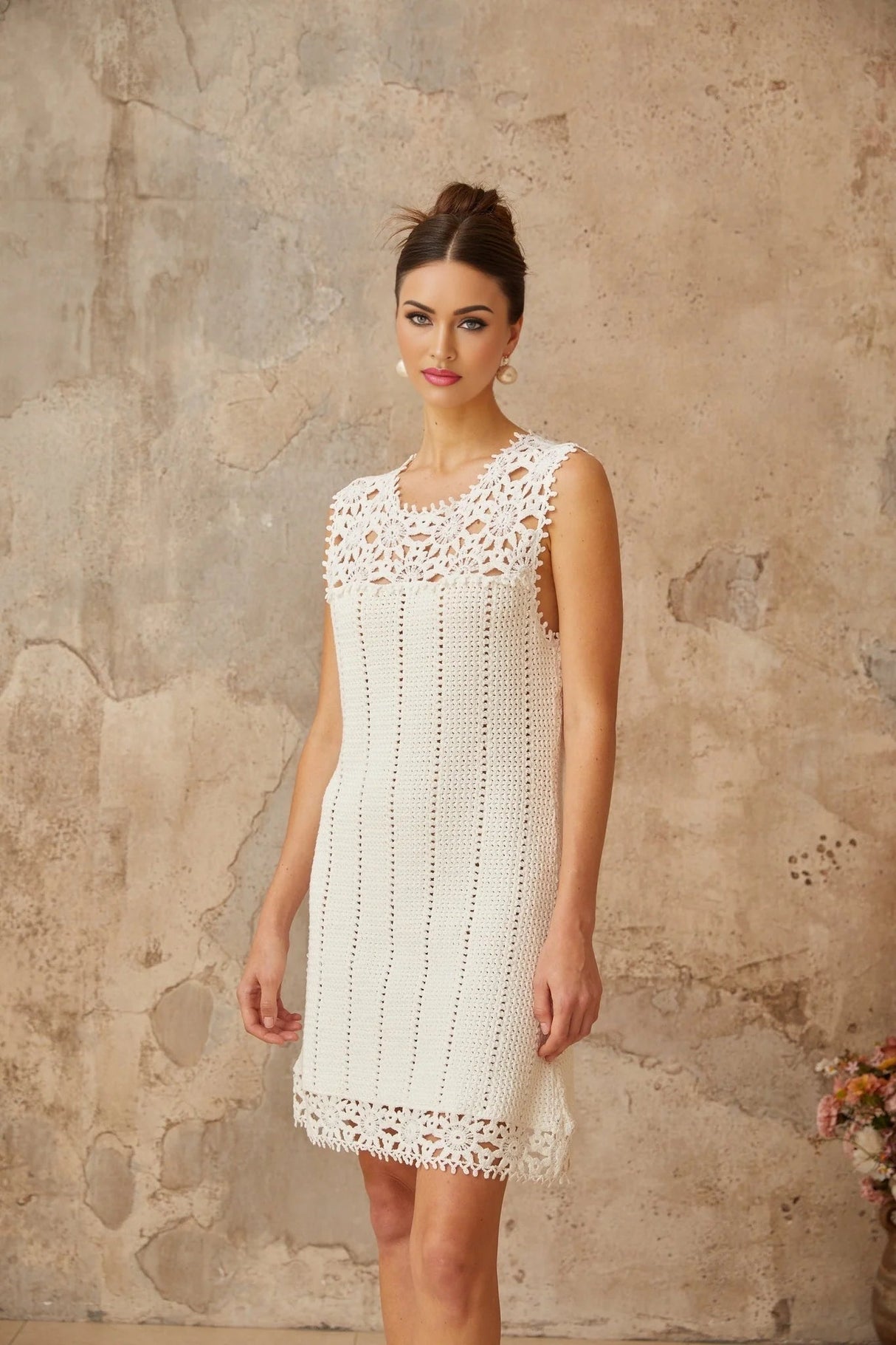 Samantha Mini Dress White Crochet Floral Appliqu Thigh - Length