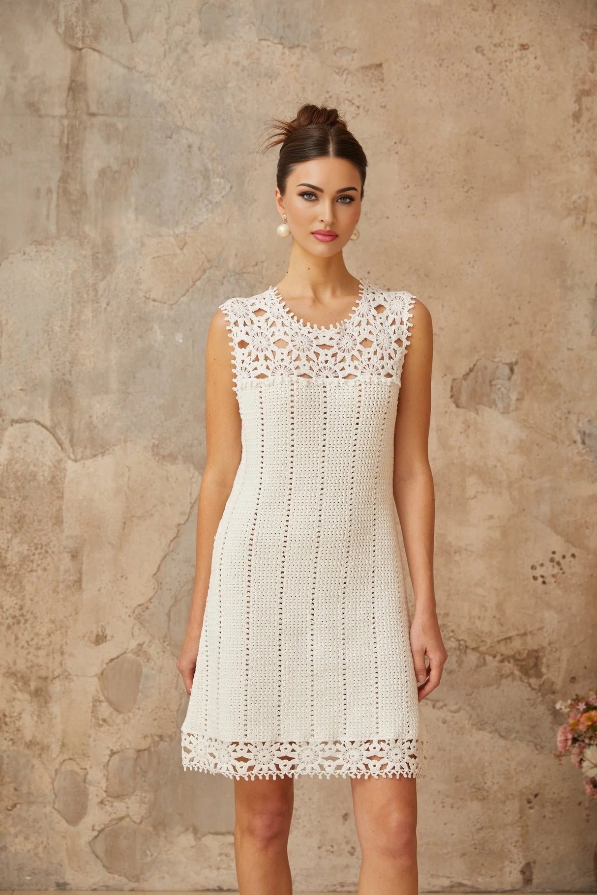 Samantha Mini Dress White Crochet Floral Appliqu Thigh - Length
