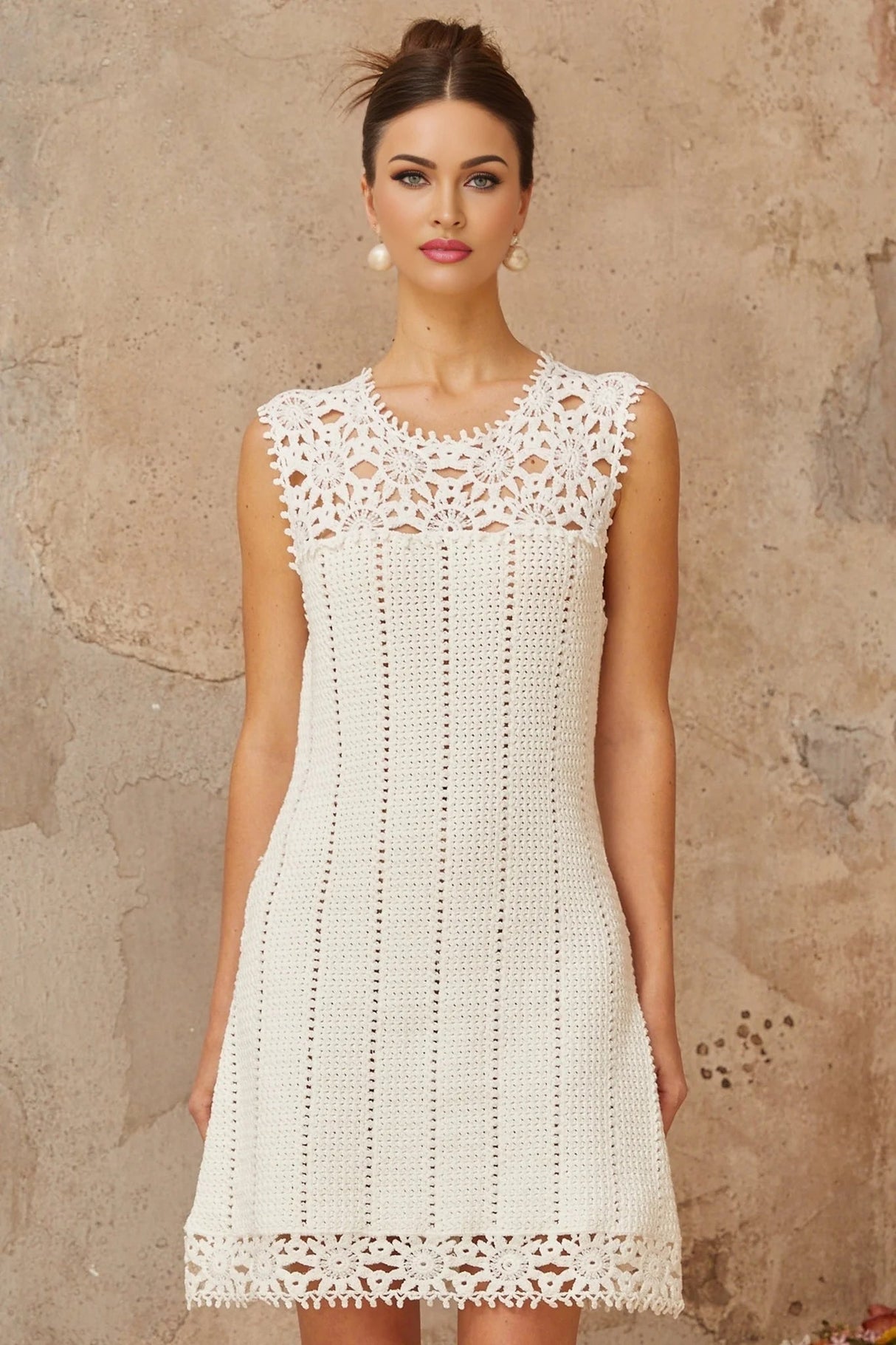 Samantha Mini Dress White Crochet Floral Appliqu Thigh - Length
