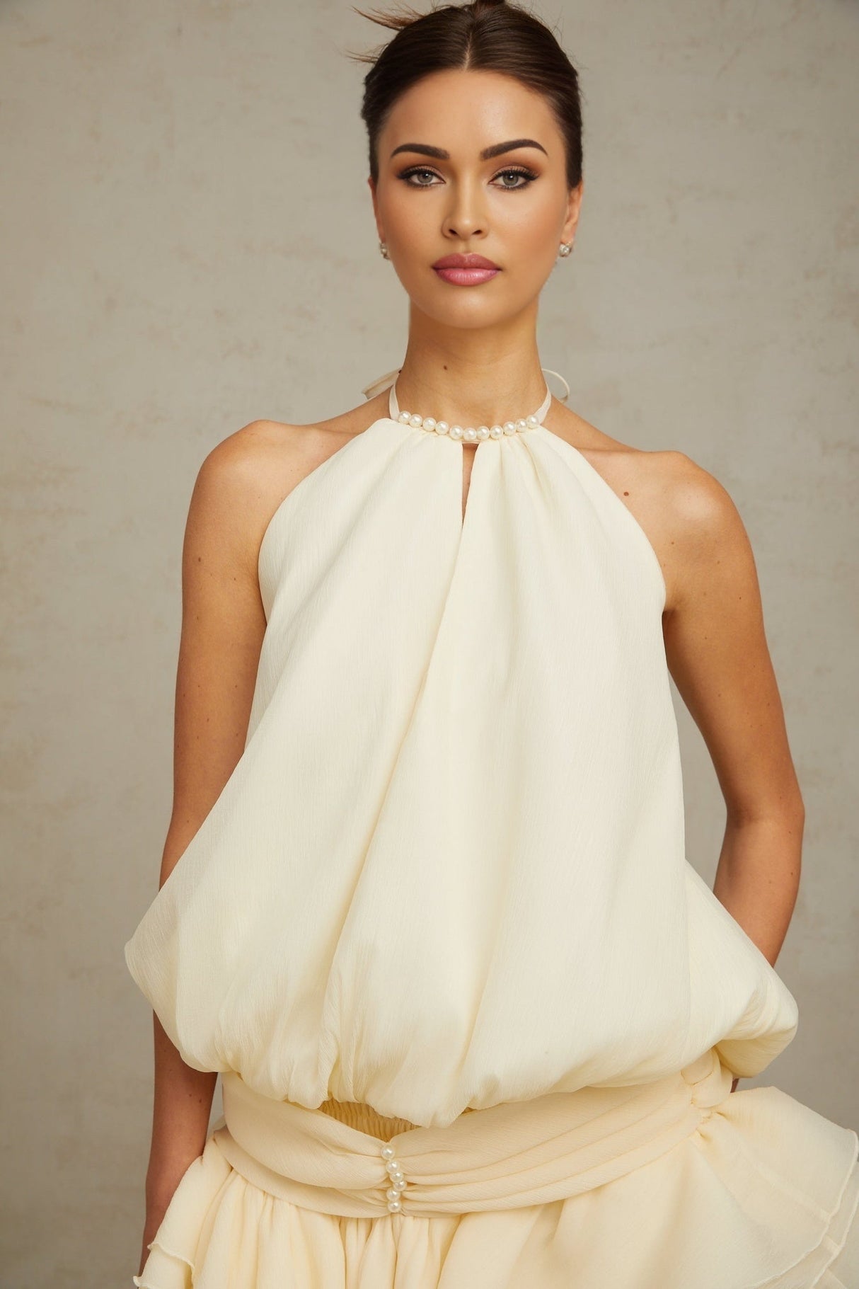 Samantha Mini Dress White Halterneck Pearl Ruffle Tiered Skirt