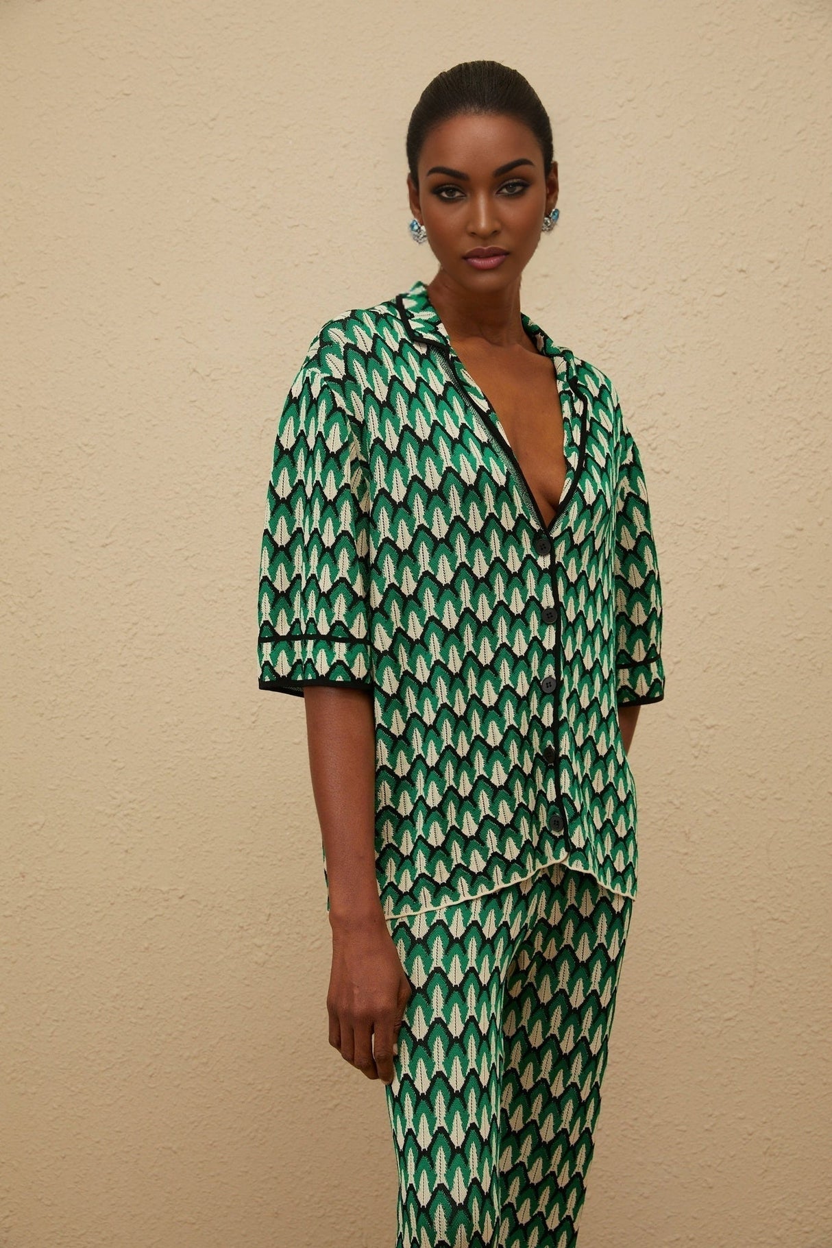 Samantha Shirt & Trousers Set - Crochet Knit - Patterned Jacquard - Notched Lapels - Half Sleeves - Maxi Length